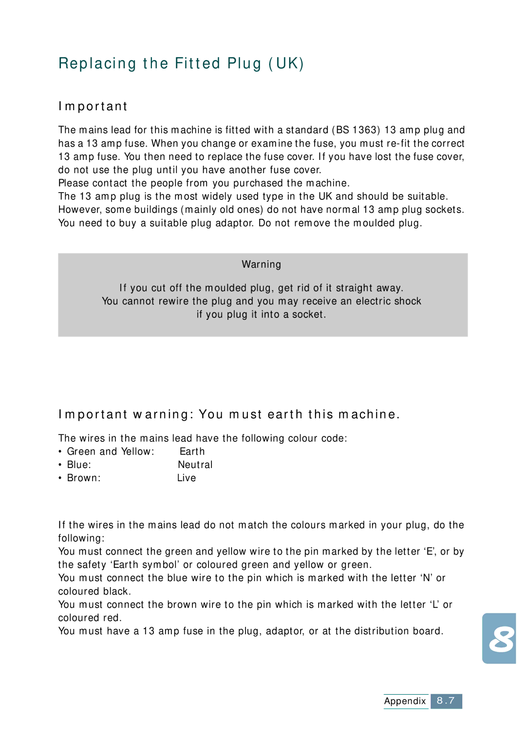 Samsung SCX-1150F manual Replacing the Fitted Plug UK, Important warning You must earth this machine 