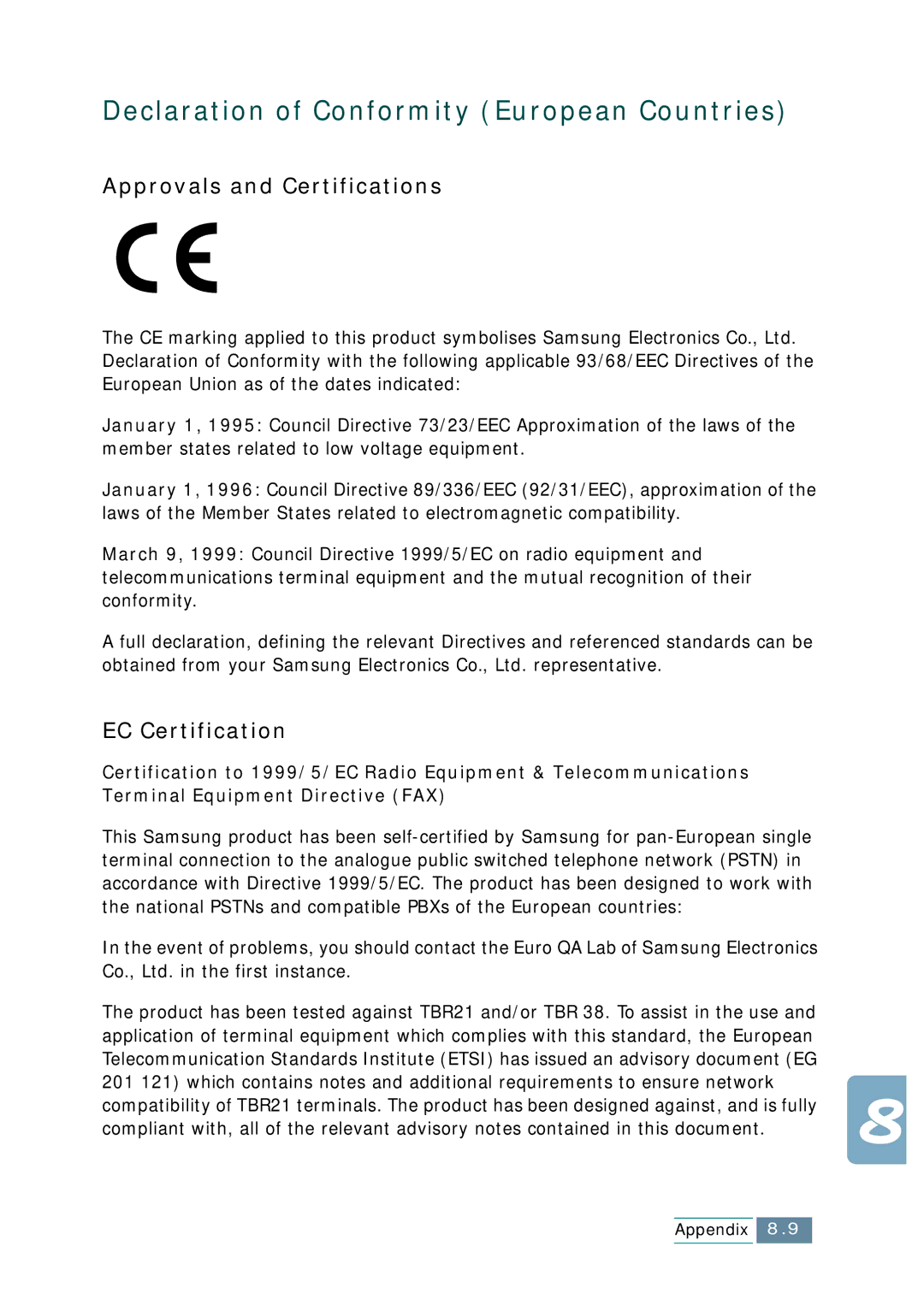 Samsung SCX-1150F manual Declaration of Conformity European Countries, Approvals and Certifications, EC Certification 