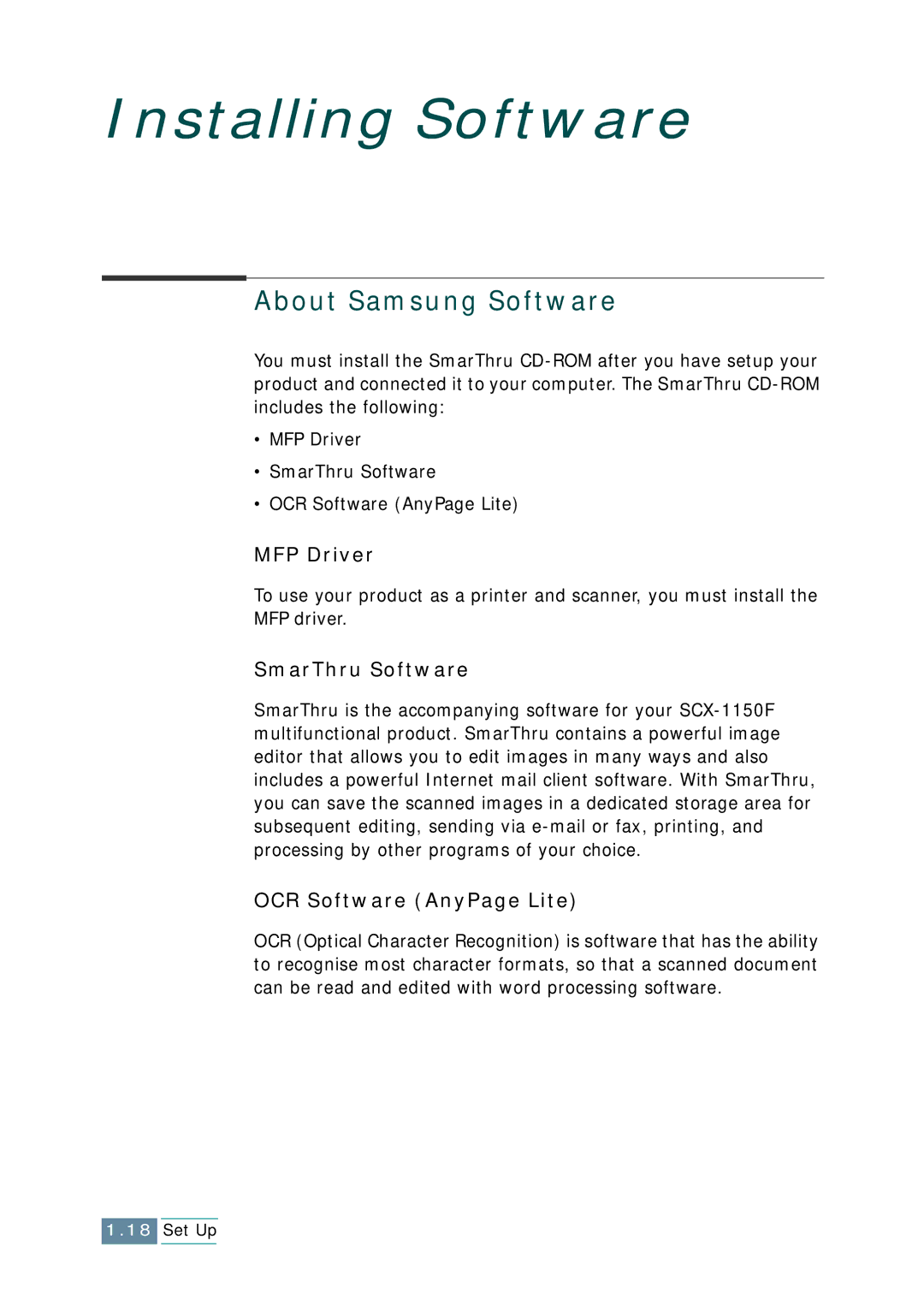 Samsung SCX-1150F manual Installing Software, About Samsung Software 