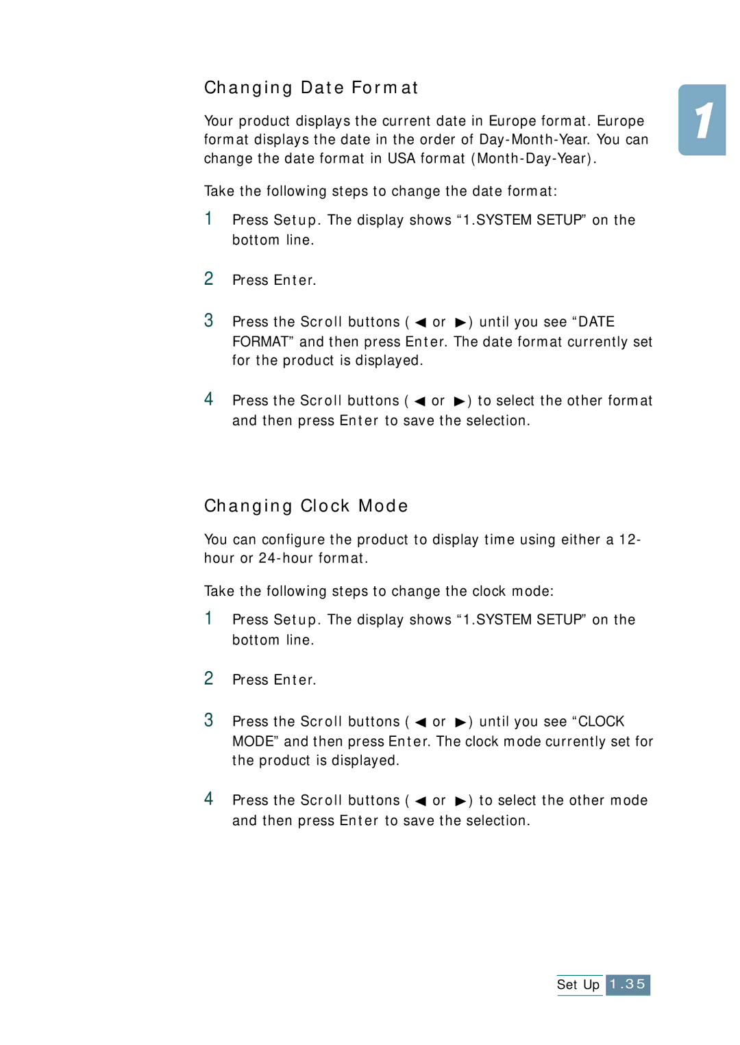 Samsung SCX-1150F manual Changing Date Format, Changing Clock Mode 