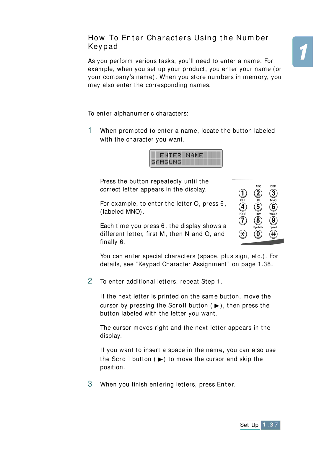 Samsung SCX-1150F manual How To Enter Characters Using the Number Keypad 