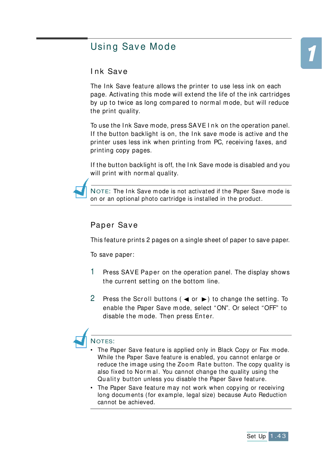 Samsung SCX-1150F manual Using Save Mode, Ink Save, Paper Save 