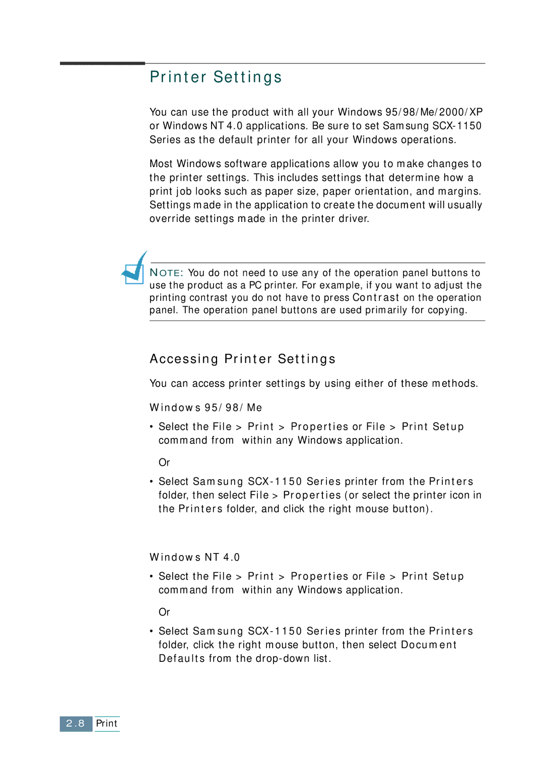 Samsung SCX-1150F manual Accessing Printer Settings 