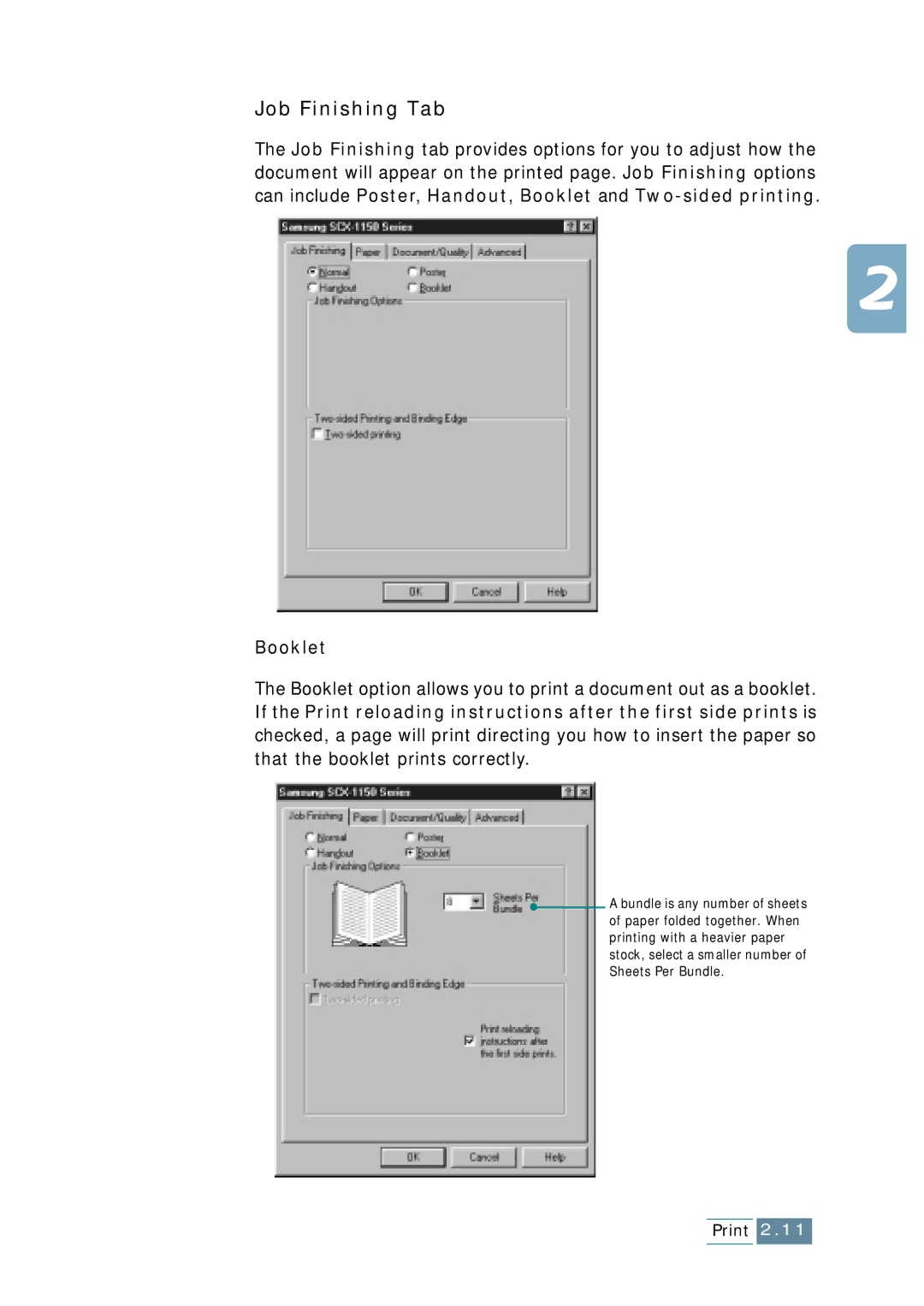 Samsung SCX-1150F manual Job Finishing Tab, Booklet 