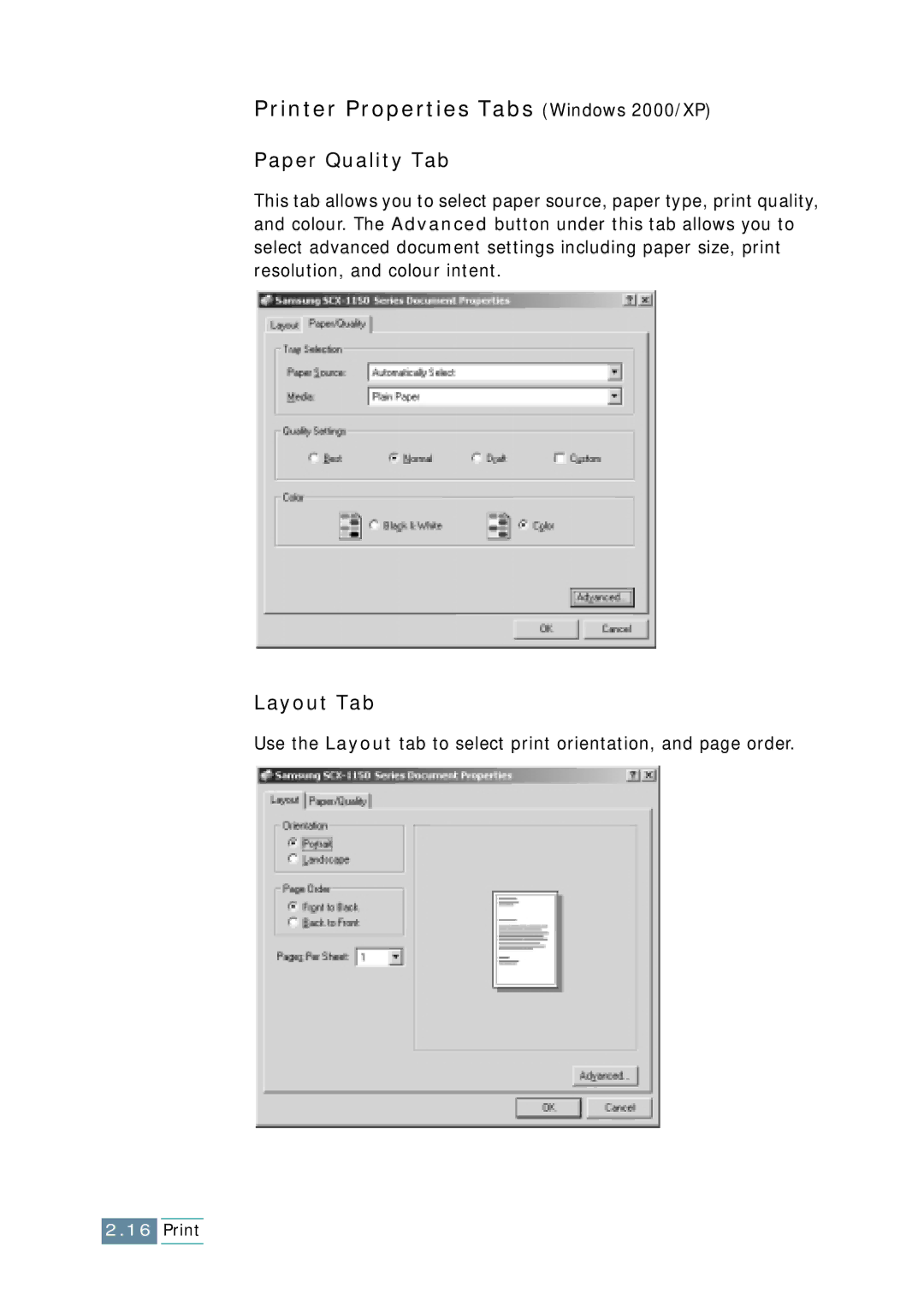Samsung SCX-1150F manual Printer Properties Tabs Windows 2000/XP, Paper Quality Tab 