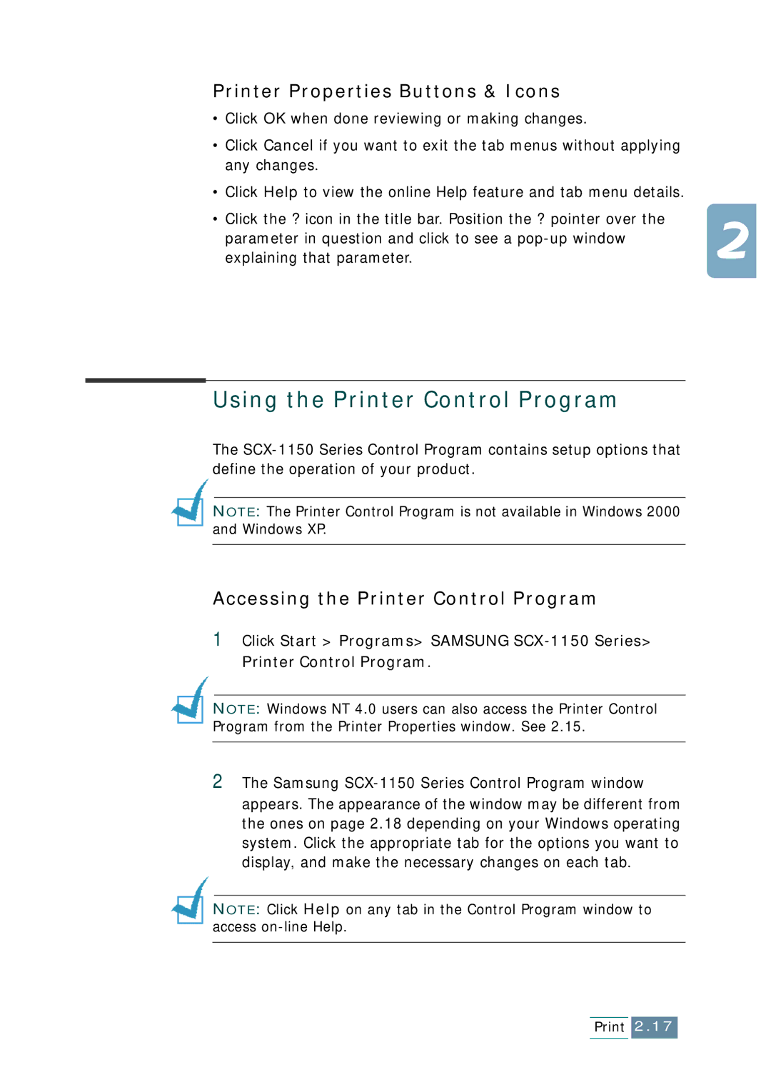 Samsung SCX-1150F manual Using the Printer Control Program, Printer Properties Buttons & Icons 