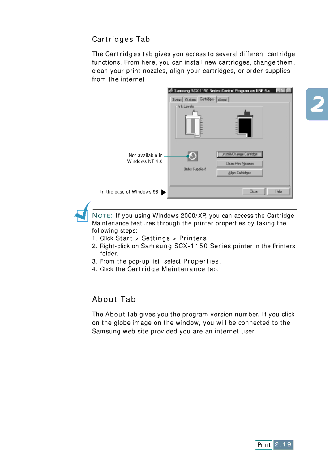 Samsung SCX-1150F manual About Tab, Click Start Settings Printers, Click the Cartridge Maintenance tab 