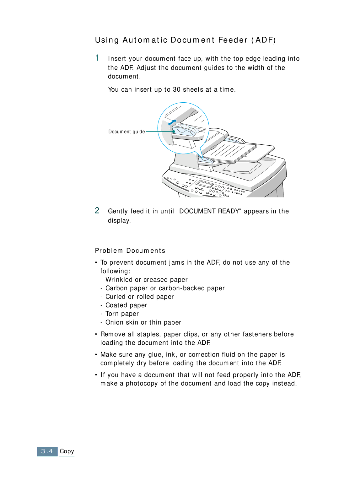 Samsung SCX-1150F manual Using Automatic Document Feeder ADF, Problem Documents 