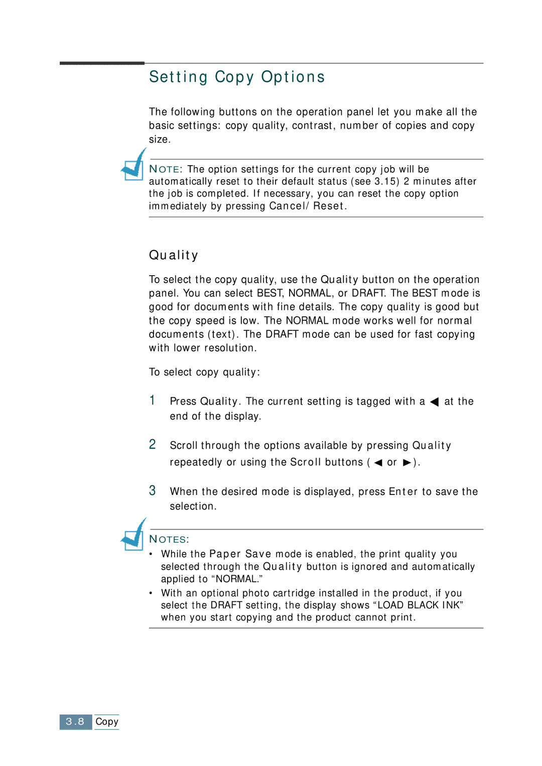 Samsung SCX-1150F manual Setting Copy Options, Quality 