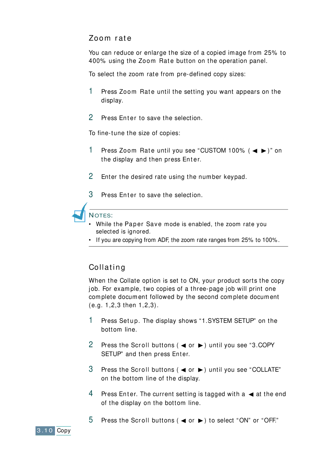 Samsung SCX-1150F manual Zoom rate, Collating 