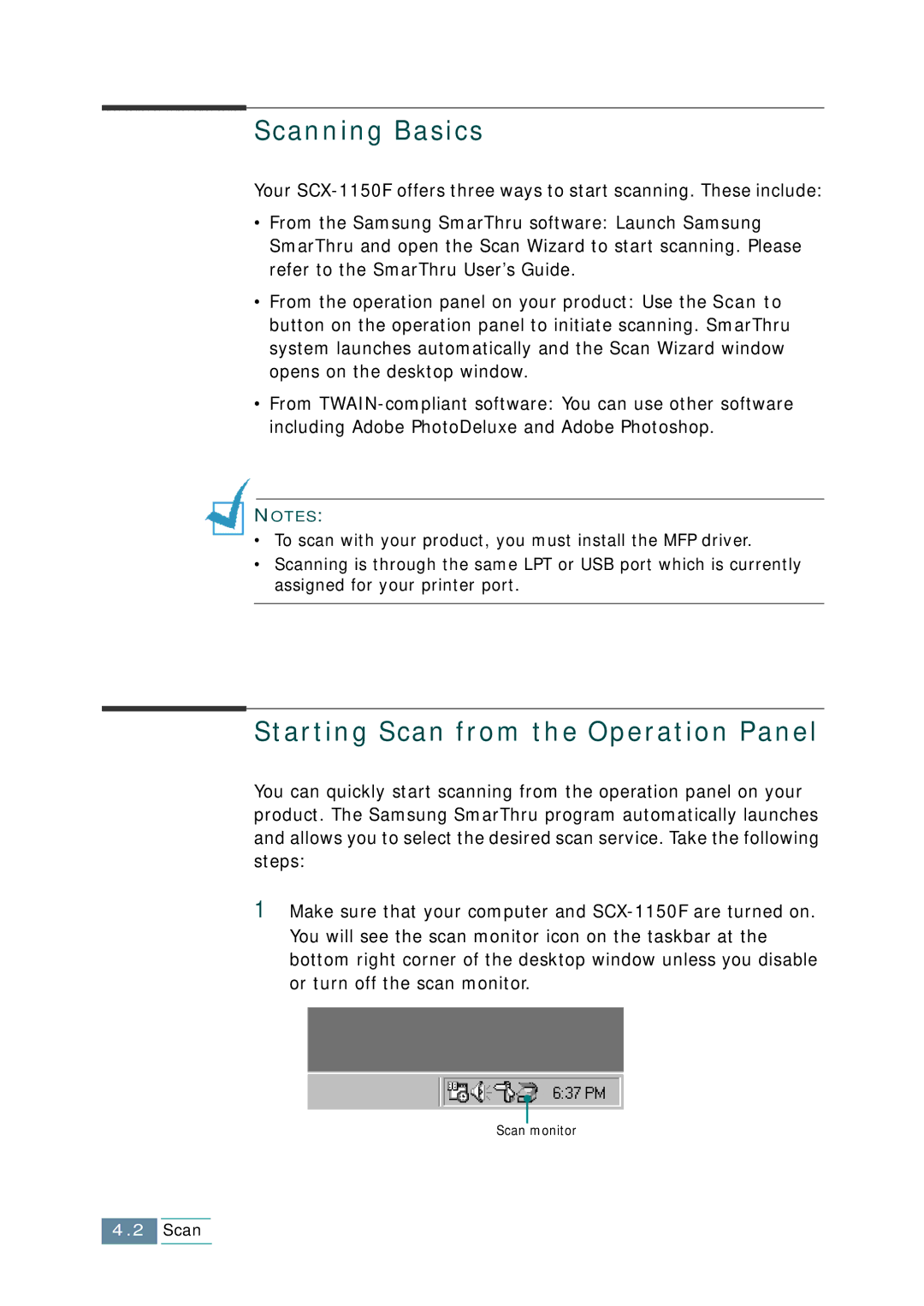 Samsung SCX-1150F manual Scanning Basics, Starting Scan from the Operation Panel 