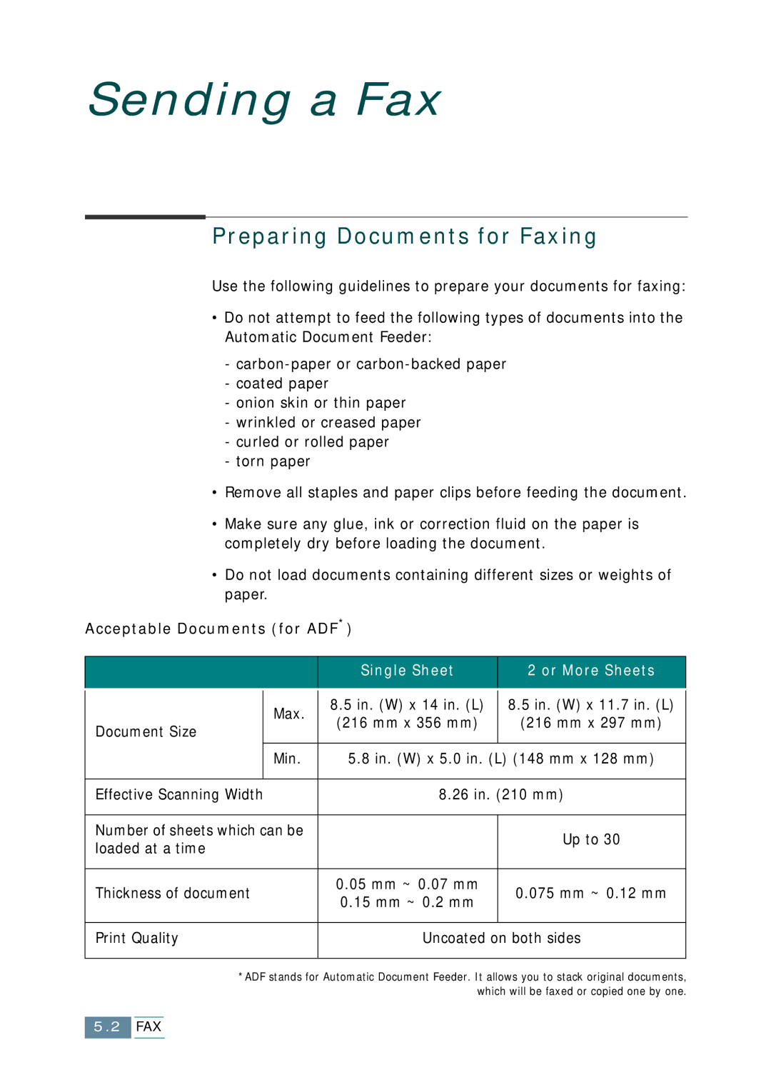 Samsung SCX-1150F manual Preparing Documents for Faxing, Acceptable Documents for ADF 