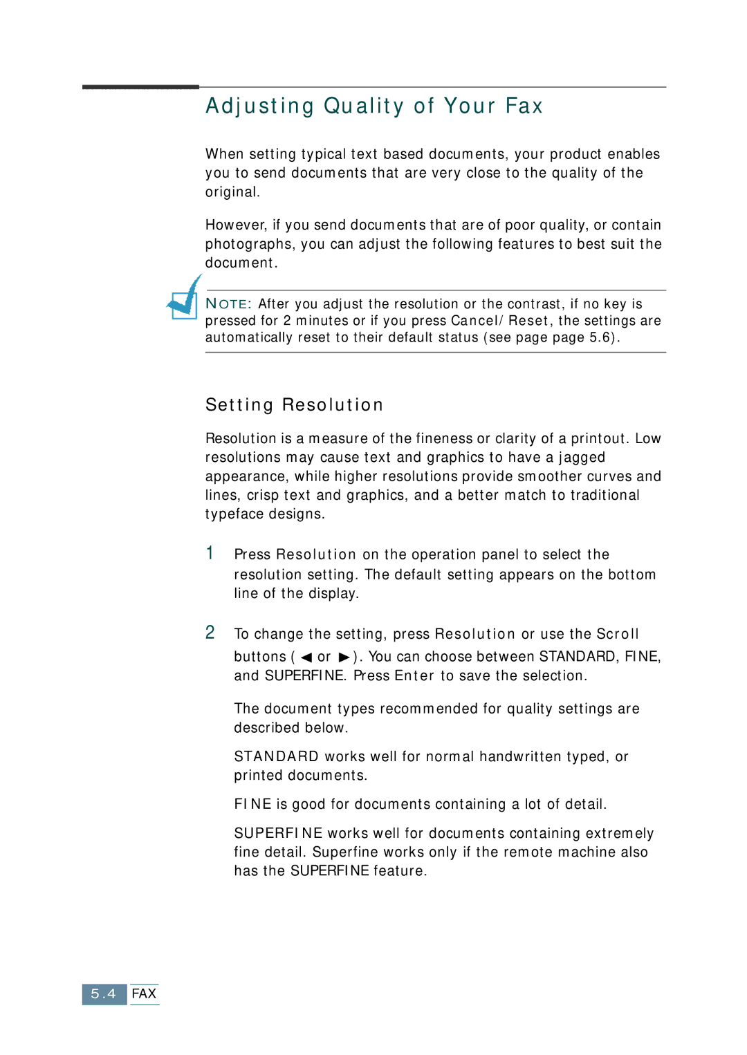 Samsung SCX-1150F manual Adjusting Quality of Your Fax, Setting Resolution 