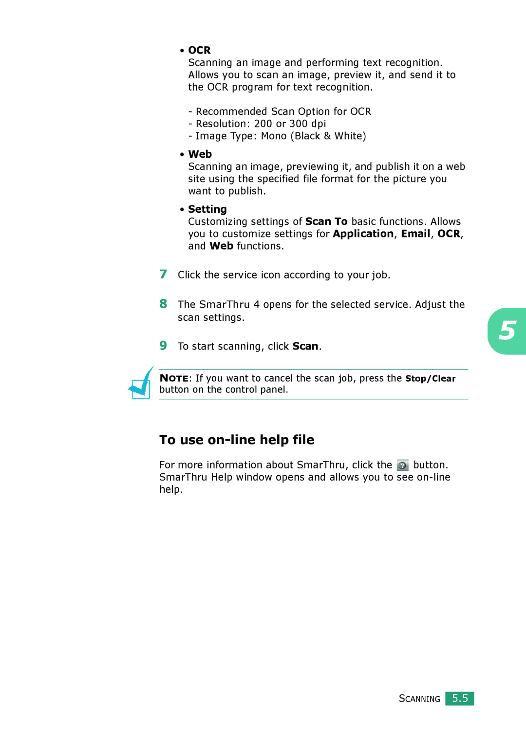 Samsung SCX-4100 manual To use on-line help file, Web, Setting 