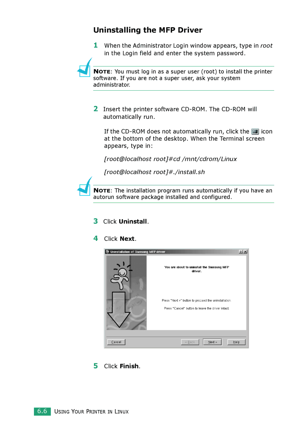 Samsung SCX-4100 manual Click Uninstall, Click Next Click Finish 