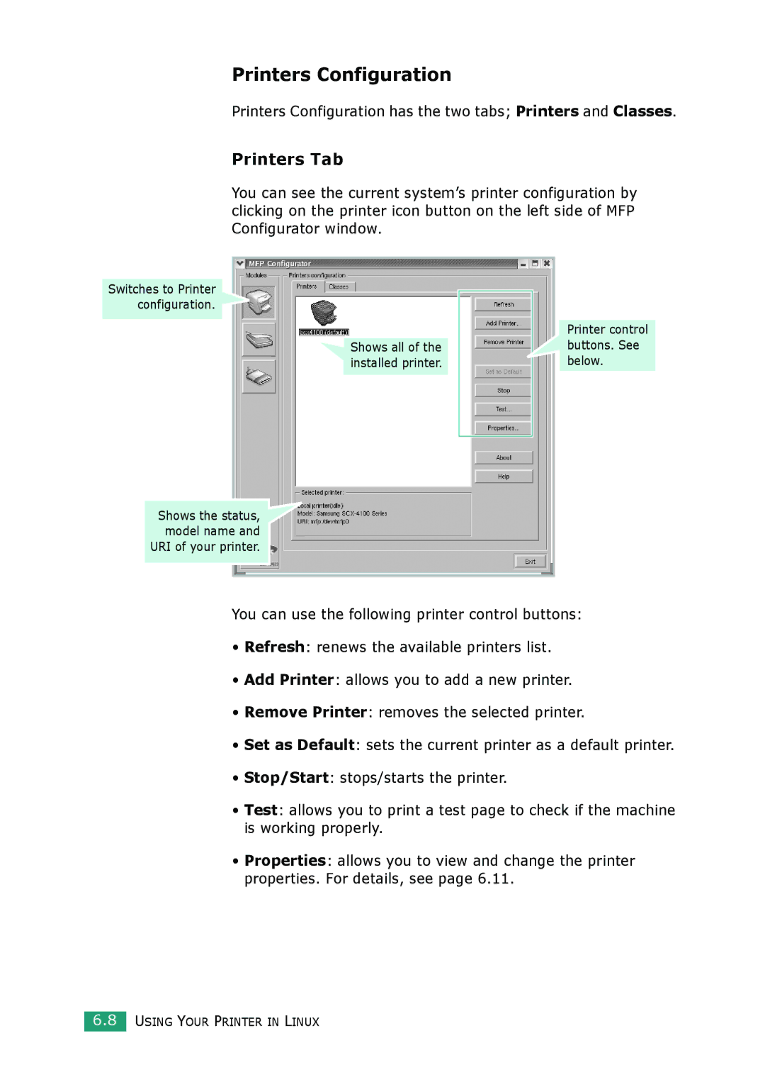 Samsung SCX-4100 manual Printers Configuration, Printers Tab 