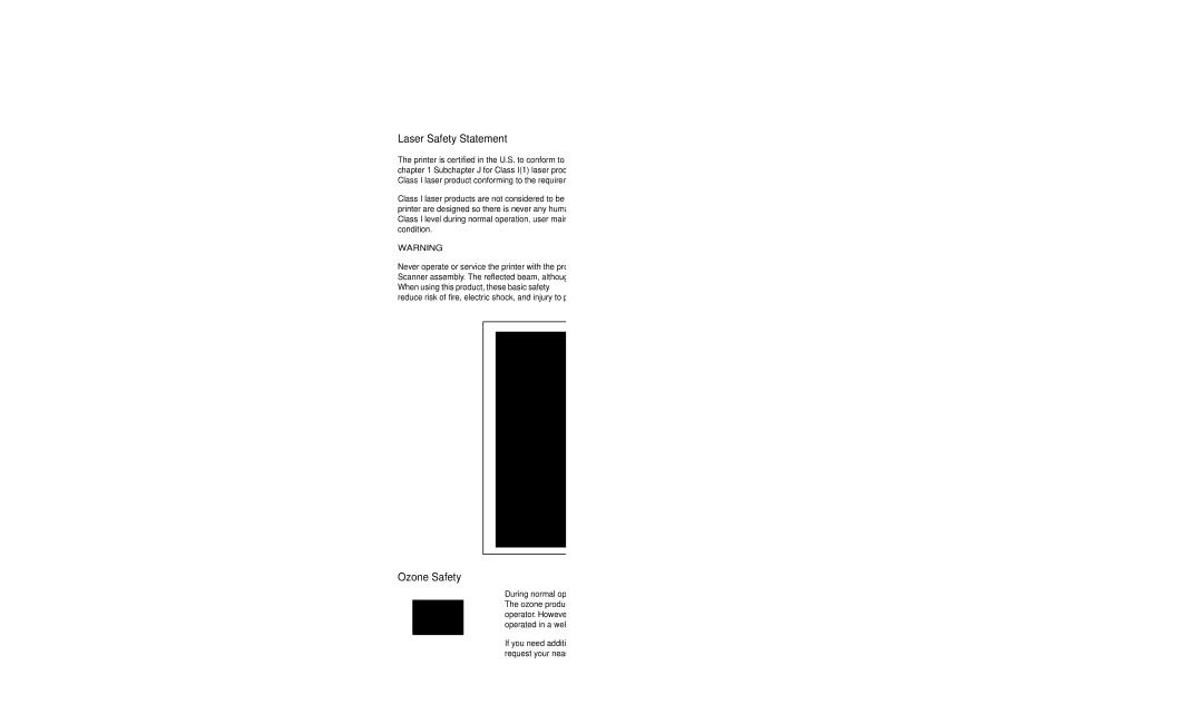 Samsung SCX-4100 manual Laser Safety Statement, Ozone Safety 