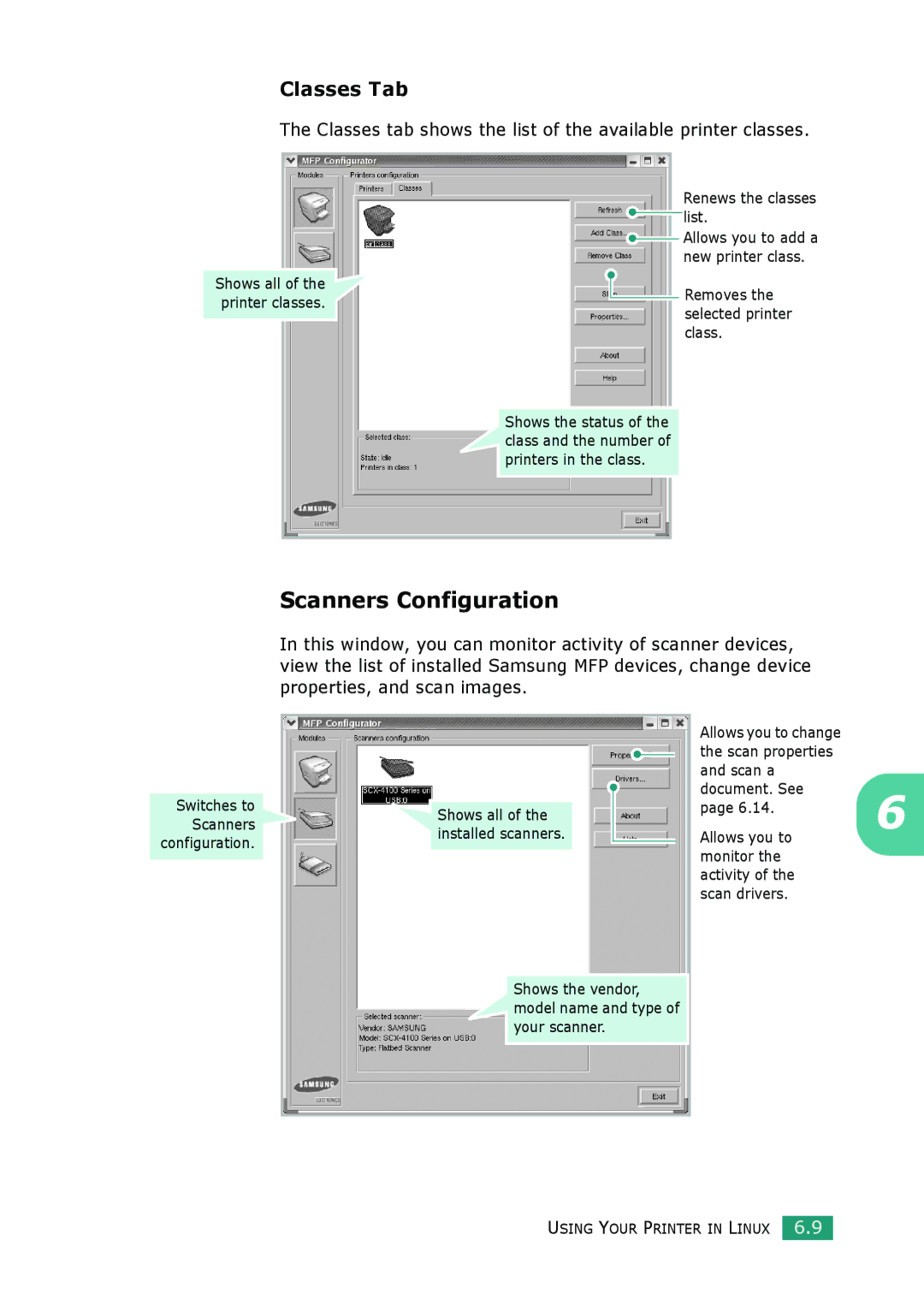 Samsung SCX-4100 manual Scanners Configuration, Classes Tab, Classes tab shows the list of the available printer classes 