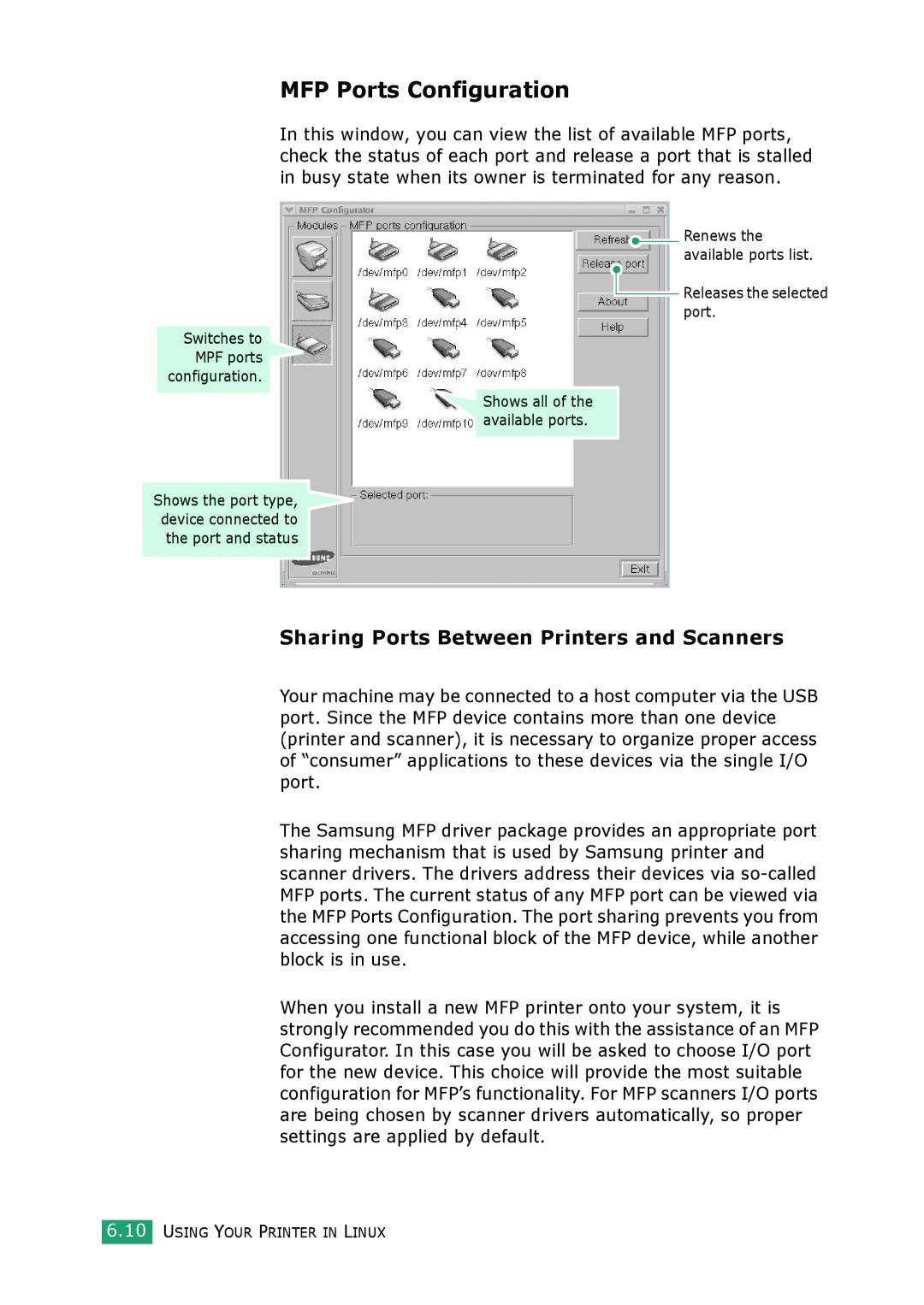 Samsung SCX-4100 manual MFP Ports Configuration, Sharing Ports Between Printers and Scanners 