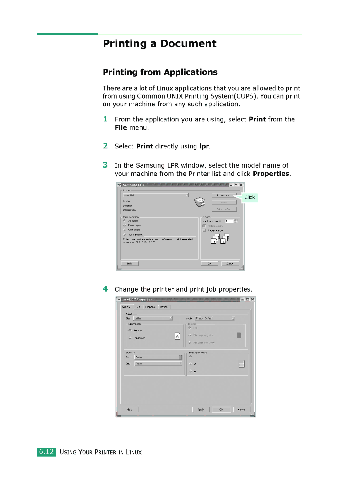 Samsung SCX-4100 manual Printing a Document, Printing from Applications, Change the printer and print job properties 