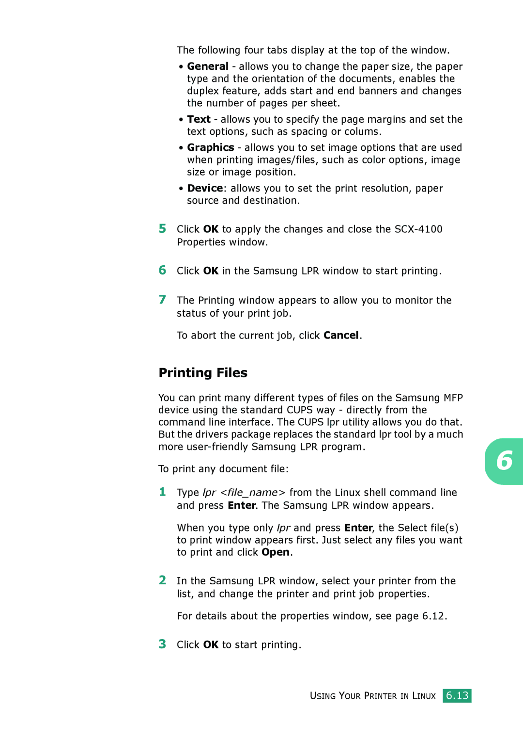 Samsung SCX-4100 manual Printing Files, Device using the standard Cups way directly from 