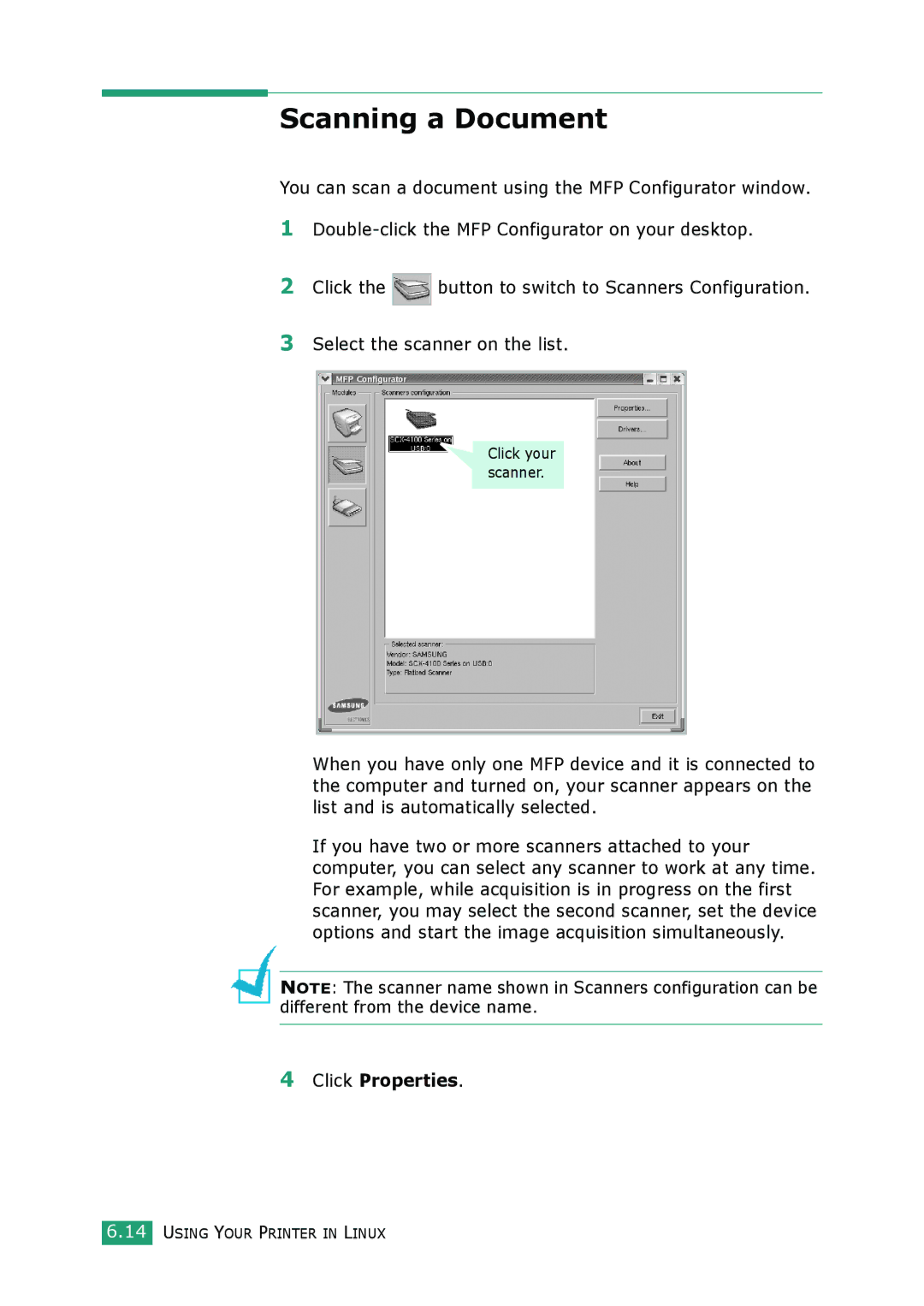 Samsung SCX-4100 manual Scanning a Document, Click Properties 