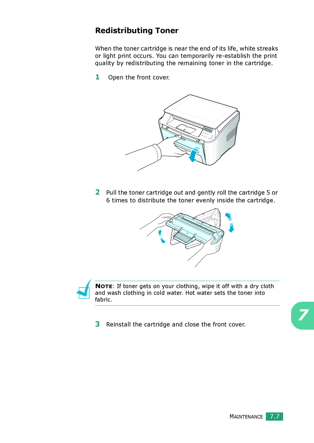 Samsung SCX-4100 manual Redistributing Toner, Open the front cover, Reinstall the cartridge and close the front cover 