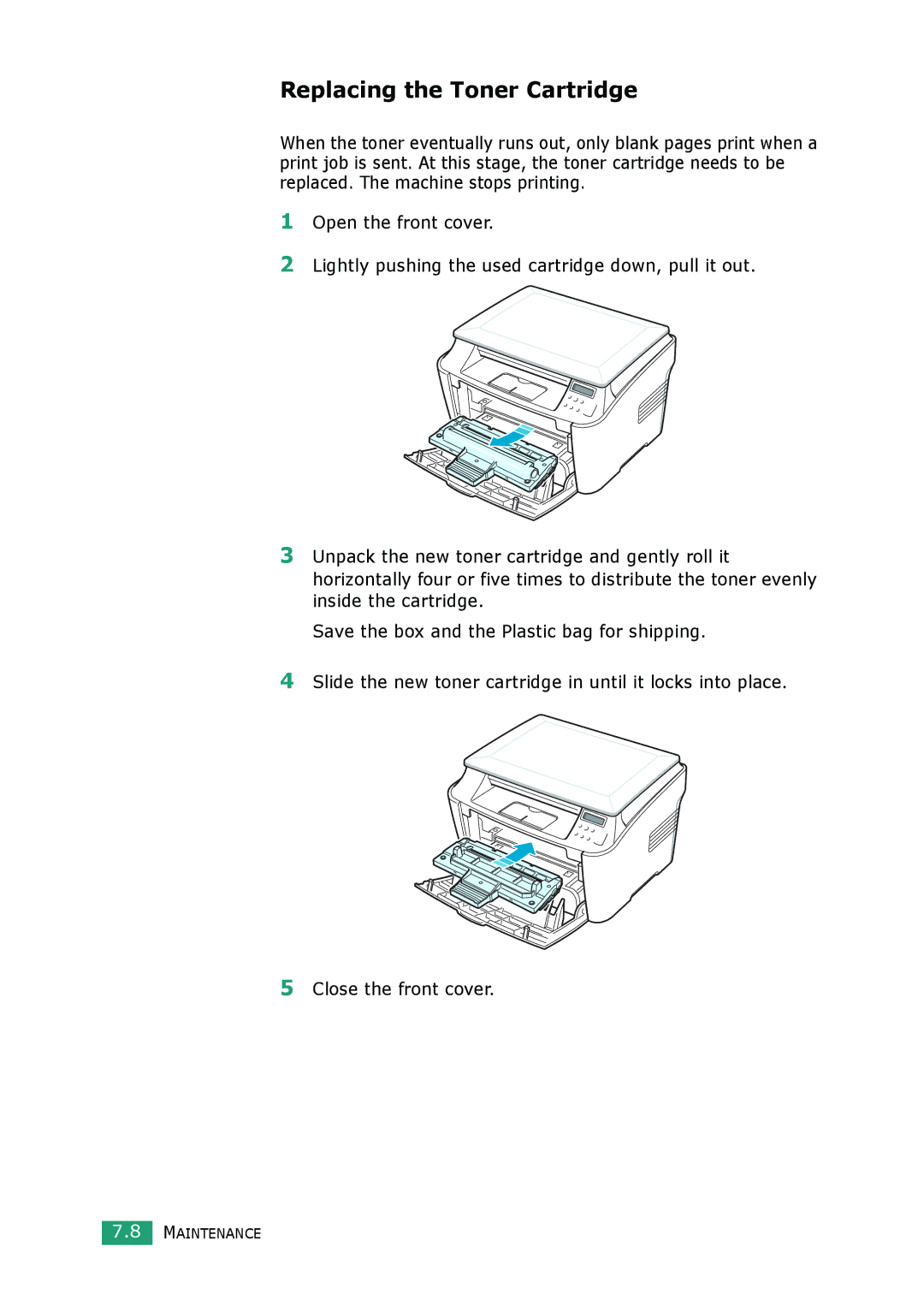 Samsung SCX-4100 manual Replacing the Toner Cartridge 