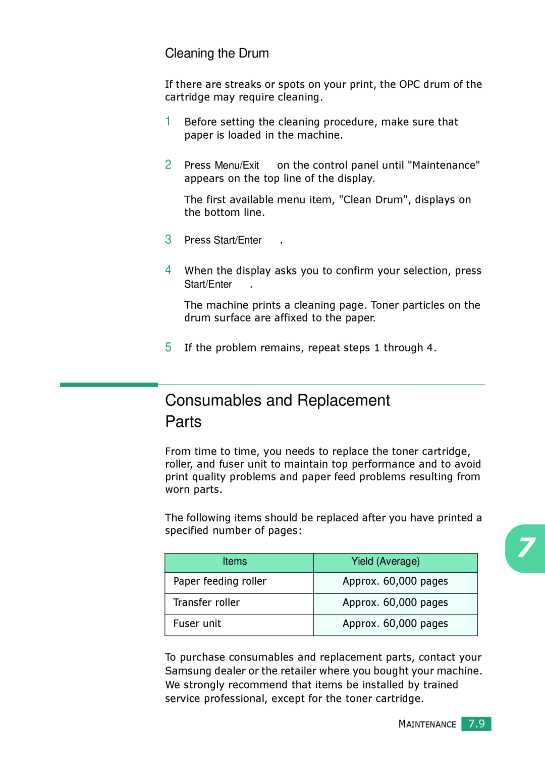 Samsung SCX-4100 manual Consumables and Replacement Parts, Cleaning the Drum, Items 