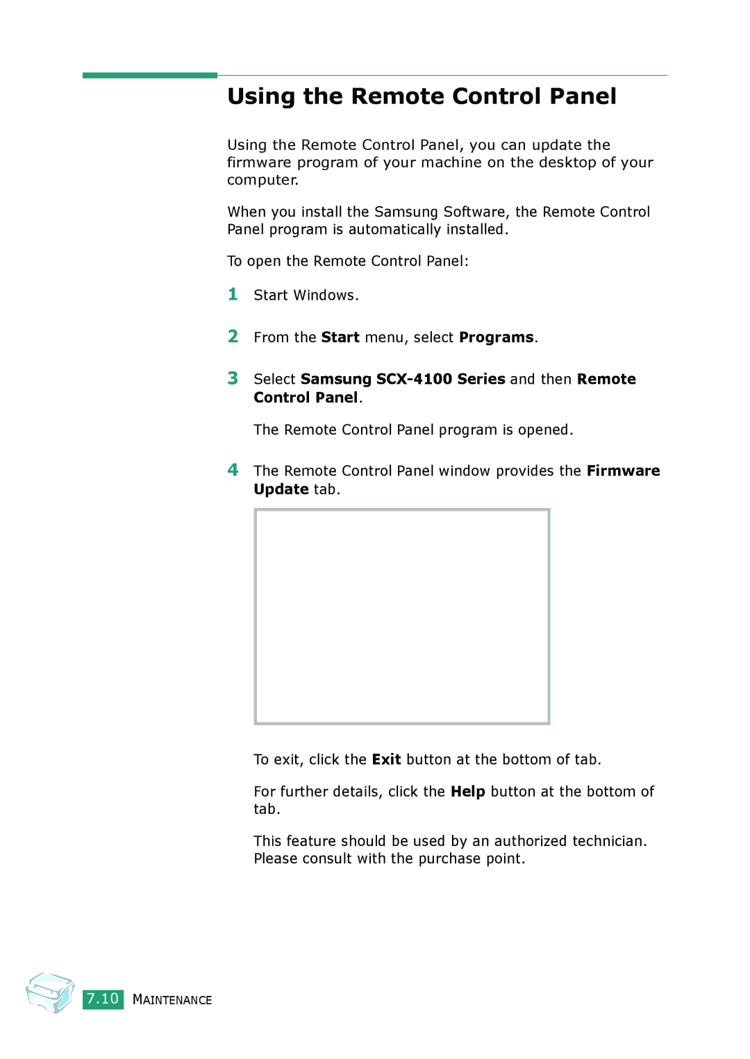 Samsung manual Using the Remote Control Panel, Select Samsung SCX-4100 Series and then Remote Control Panel 