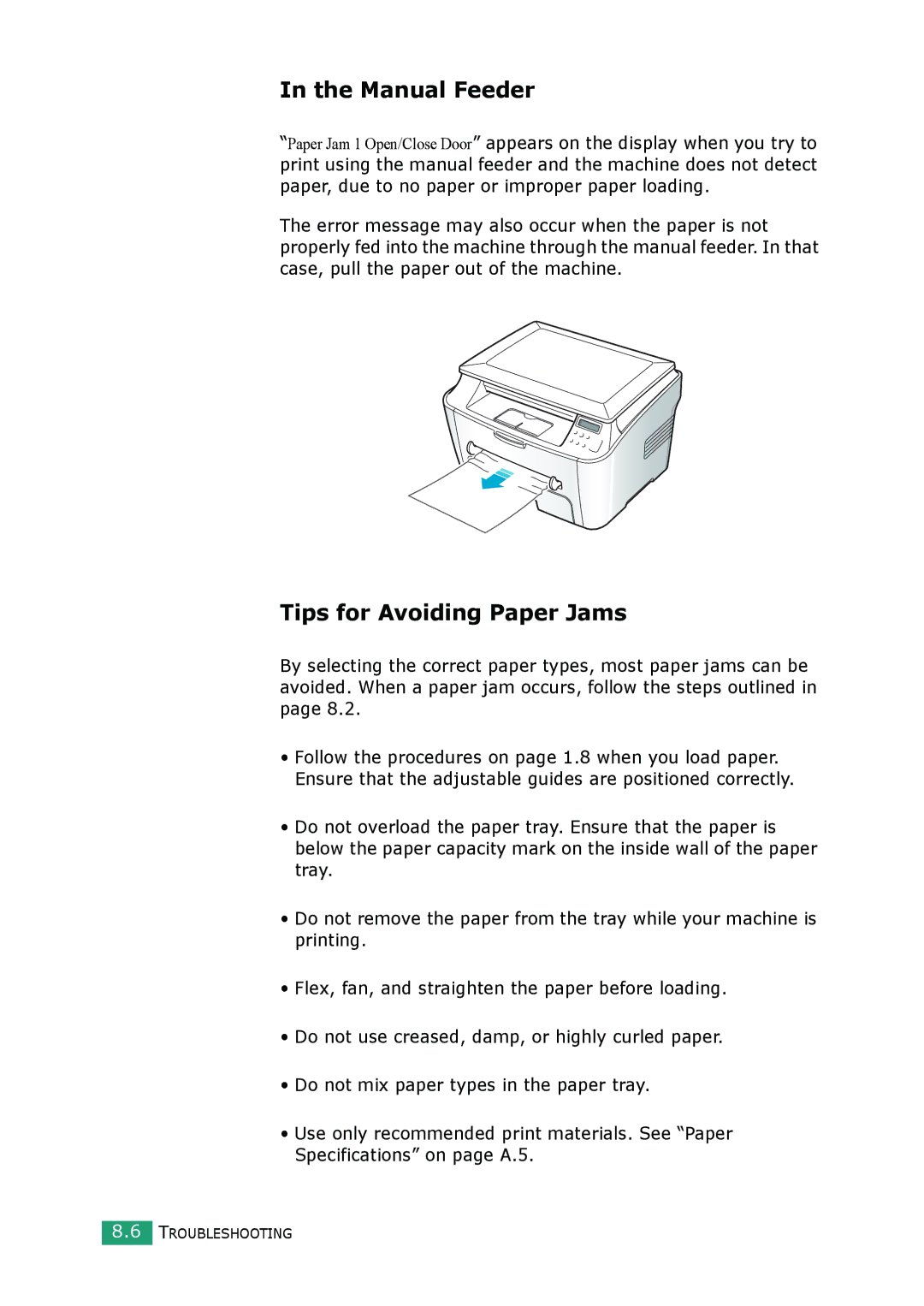 Samsung SCX-4100 manual Manual Feeder, Tips for Avoiding Paper Jams 