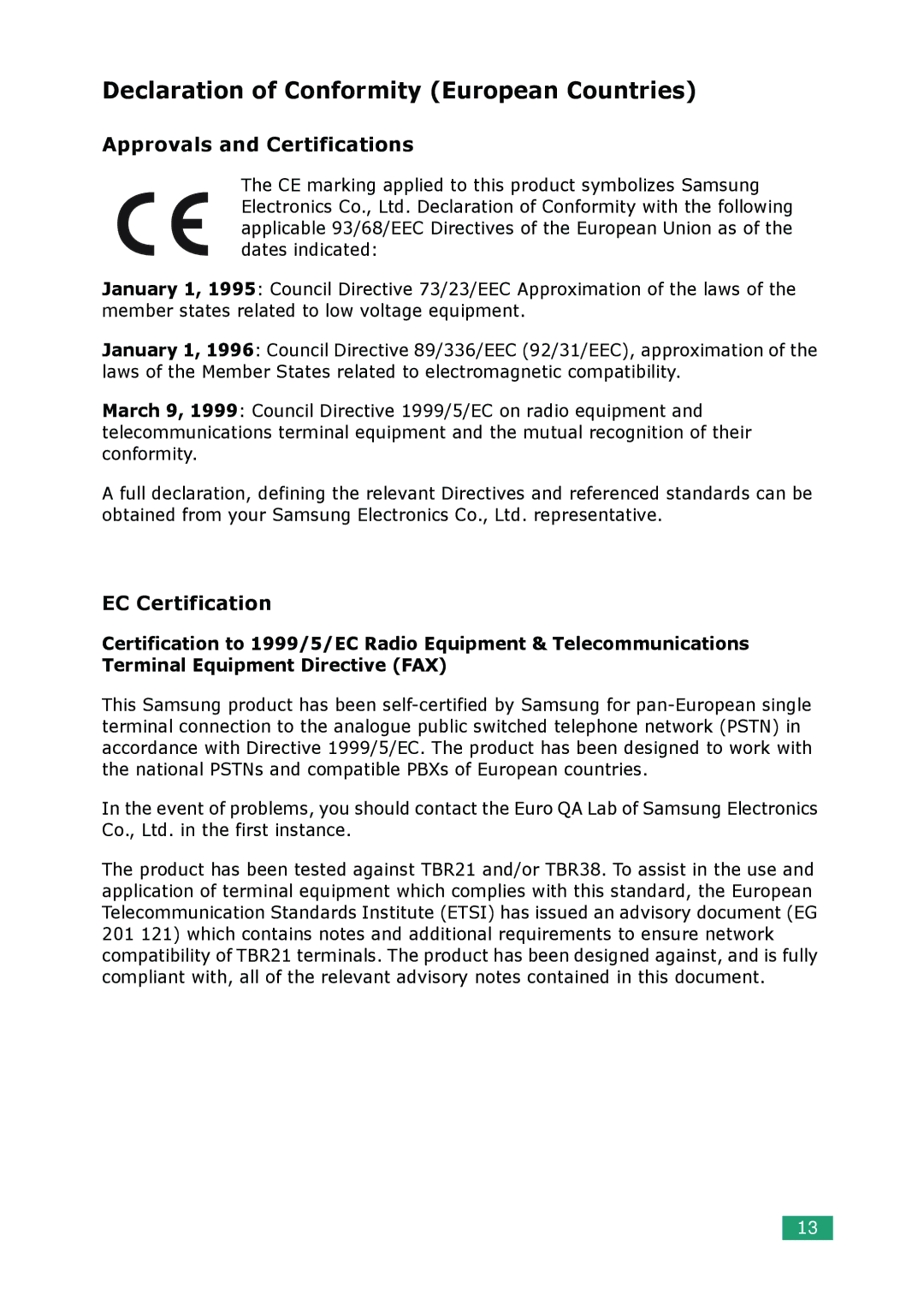 Samsung SCX-4100 manual Declaration of Conformity European Countries, Approvals and Certifications, EC Certification 