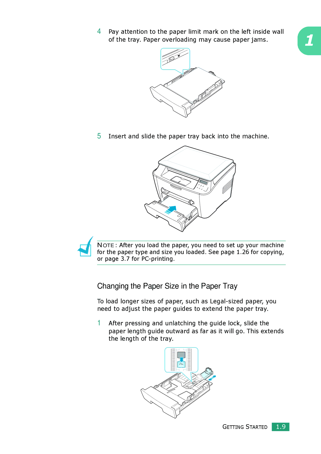 Samsung SCX-4100 manual Changing the Paper Size in the Paper Tray 