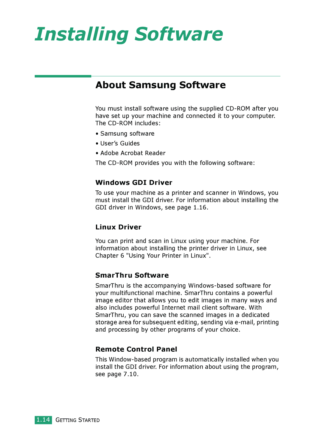 Samsung SCX-4100 manual About Samsung Software, Windows GDI Driver, Linux Driver, SmarThru Software, Remote Control Panel 