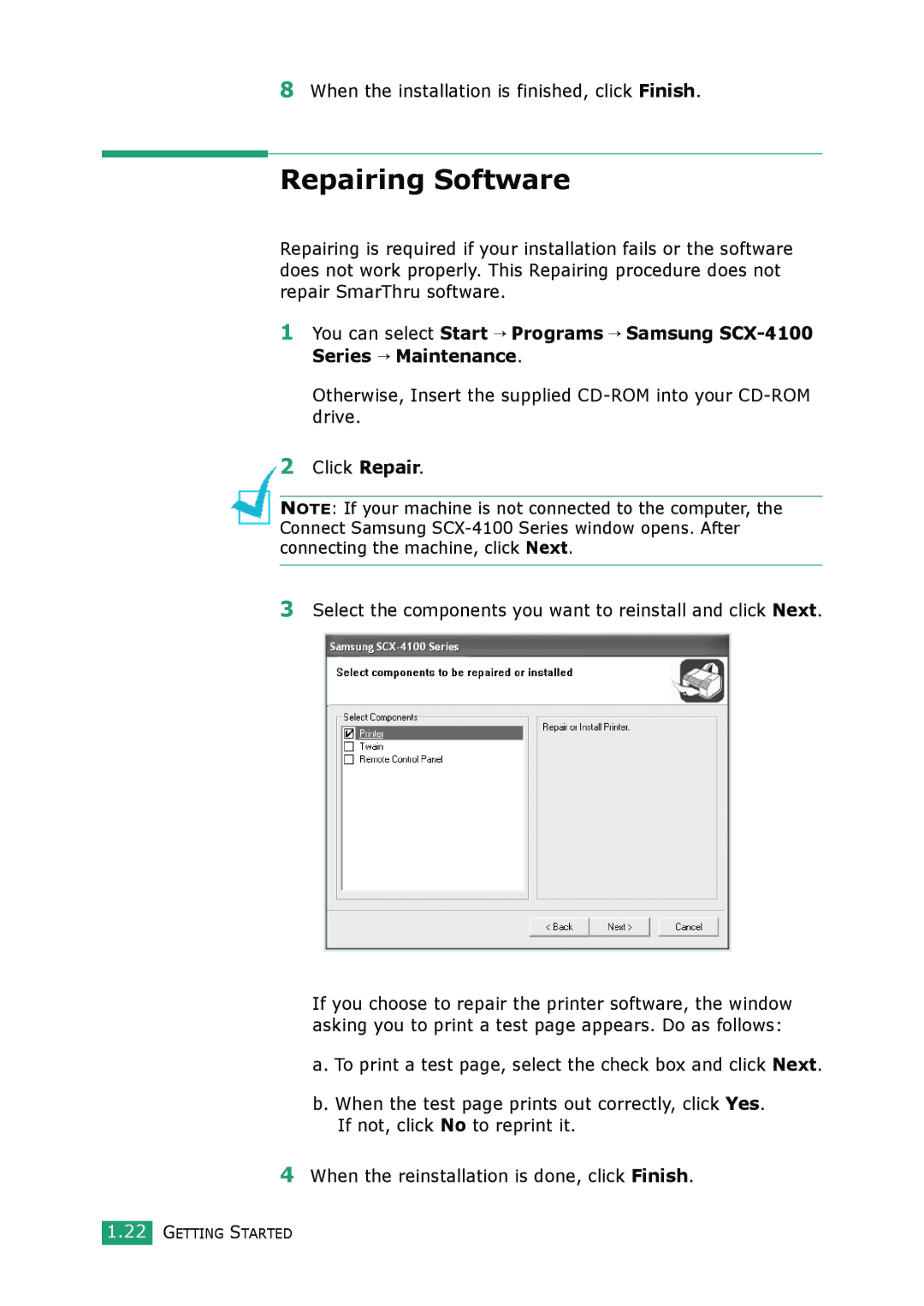 Samsung SCX-4100 manual Repairing Software, When the installation is finished, click Finish 