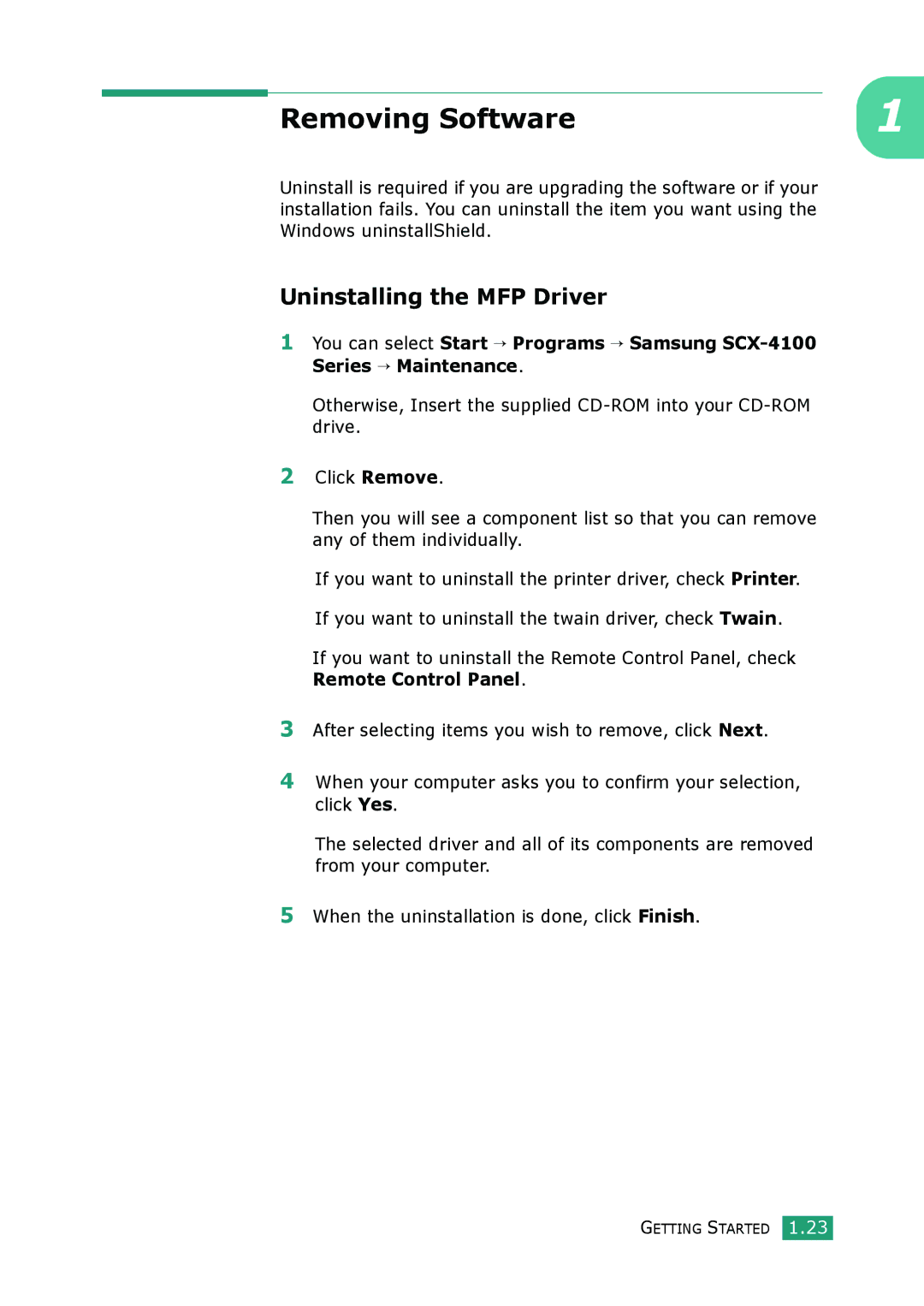 Samsung SCX-4100 manual Removing Software, Uninstalling the MFP Driver 