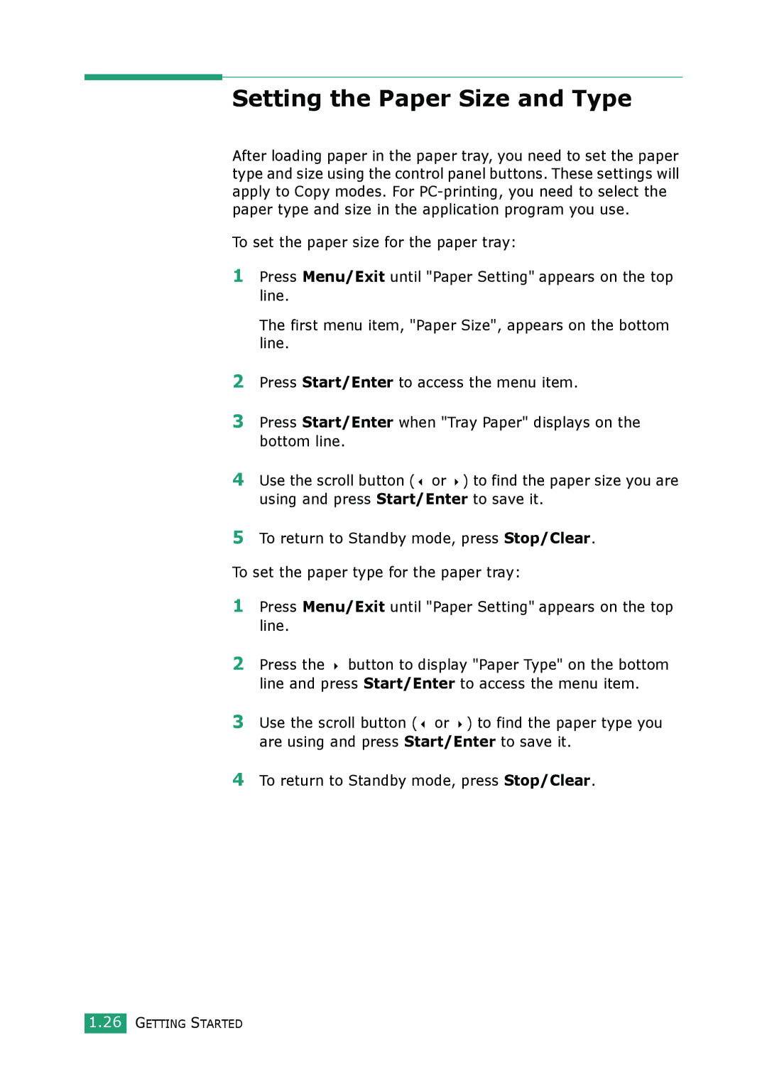 Samsung SCX-4100 manual Setting the Paper Size and Type 