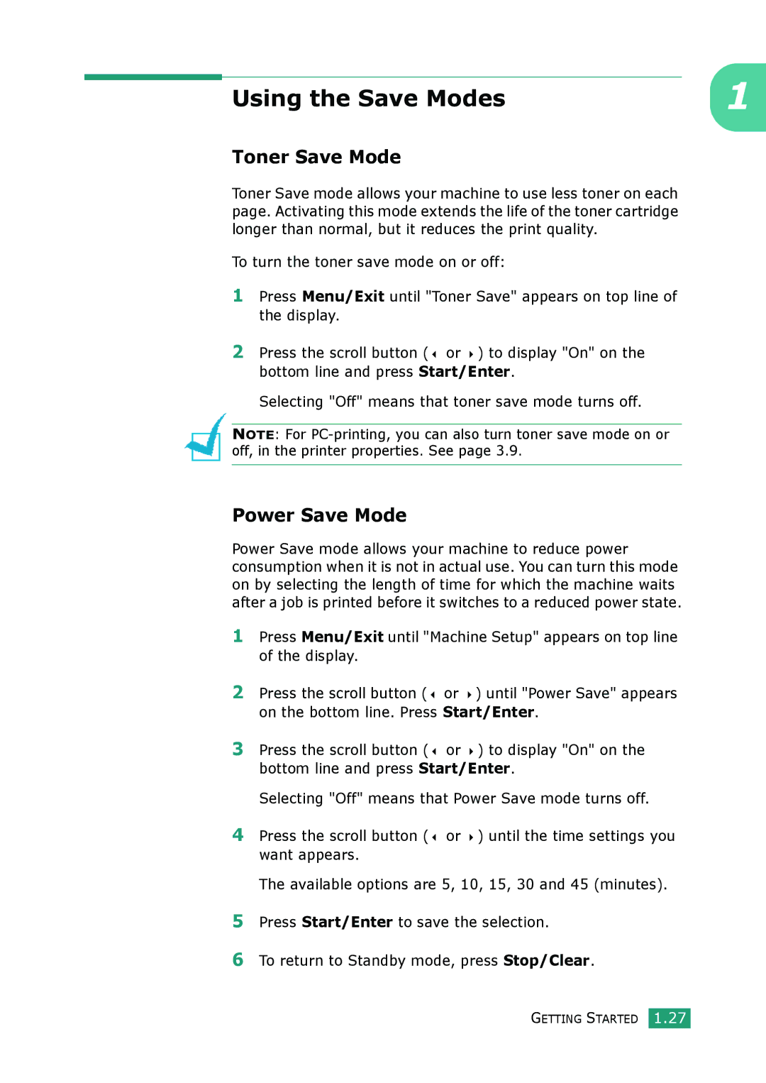 Samsung SCX-4100 manual Using the Save Modes, Toner Save Mode, Power Save Mode 