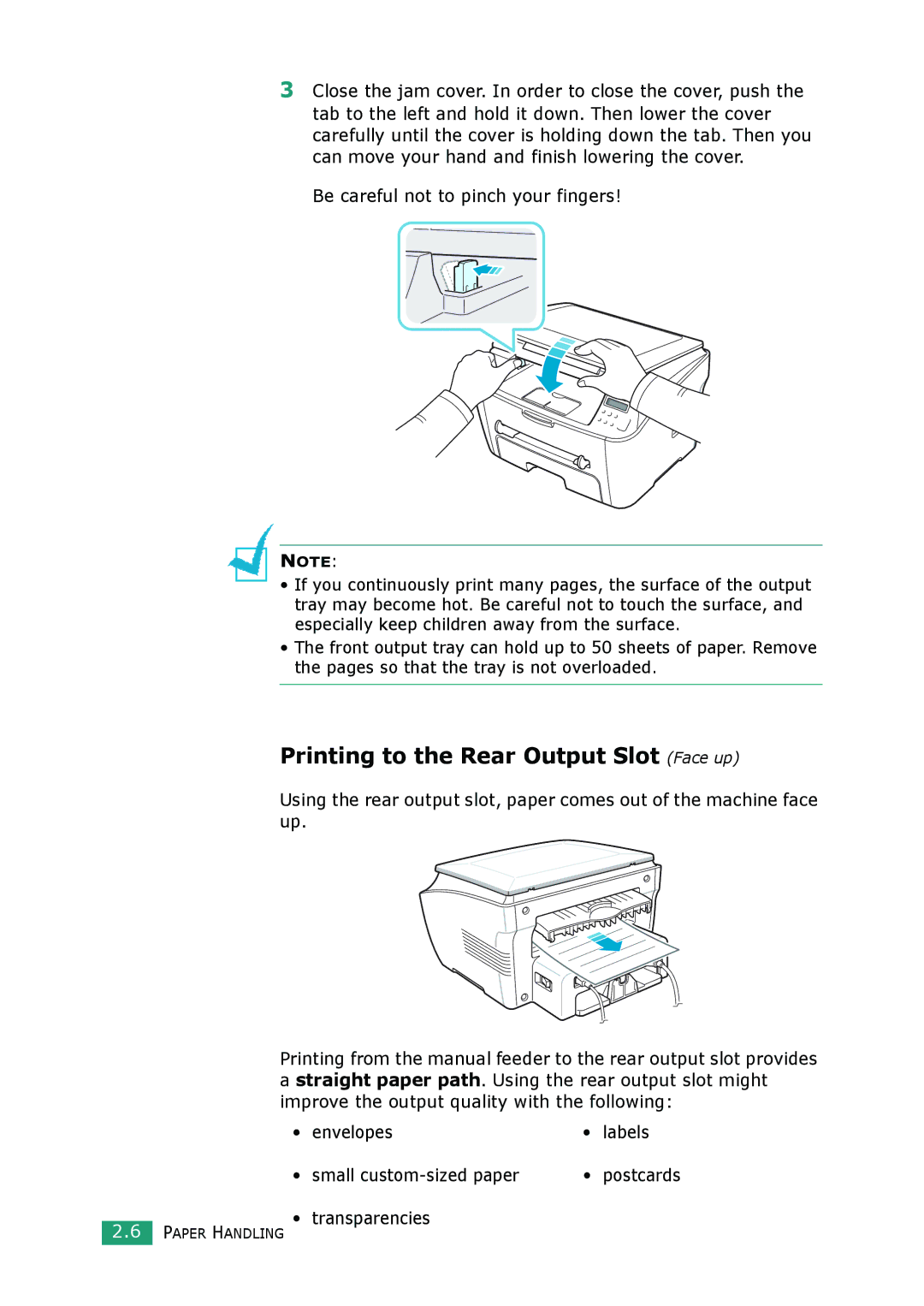 Samsung SCX-4100 manual Printing to the Rear Output Slot Face up, Be careful not to pinch your fingers, Transparencies 