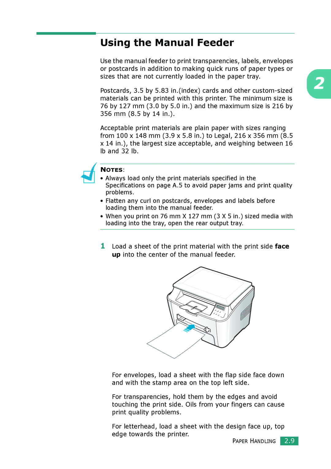 Samsung SCX-4100 manual Using the Manual Feeder, Sizes that are not currently loaded in the paper tray 