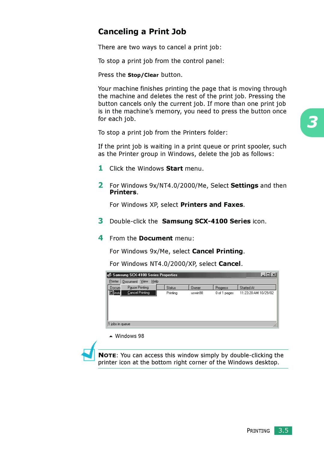 Samsung SCX-4100 Canceling a Print Job, For each job, To stop a print job from the Printers folder, From the Document menu 