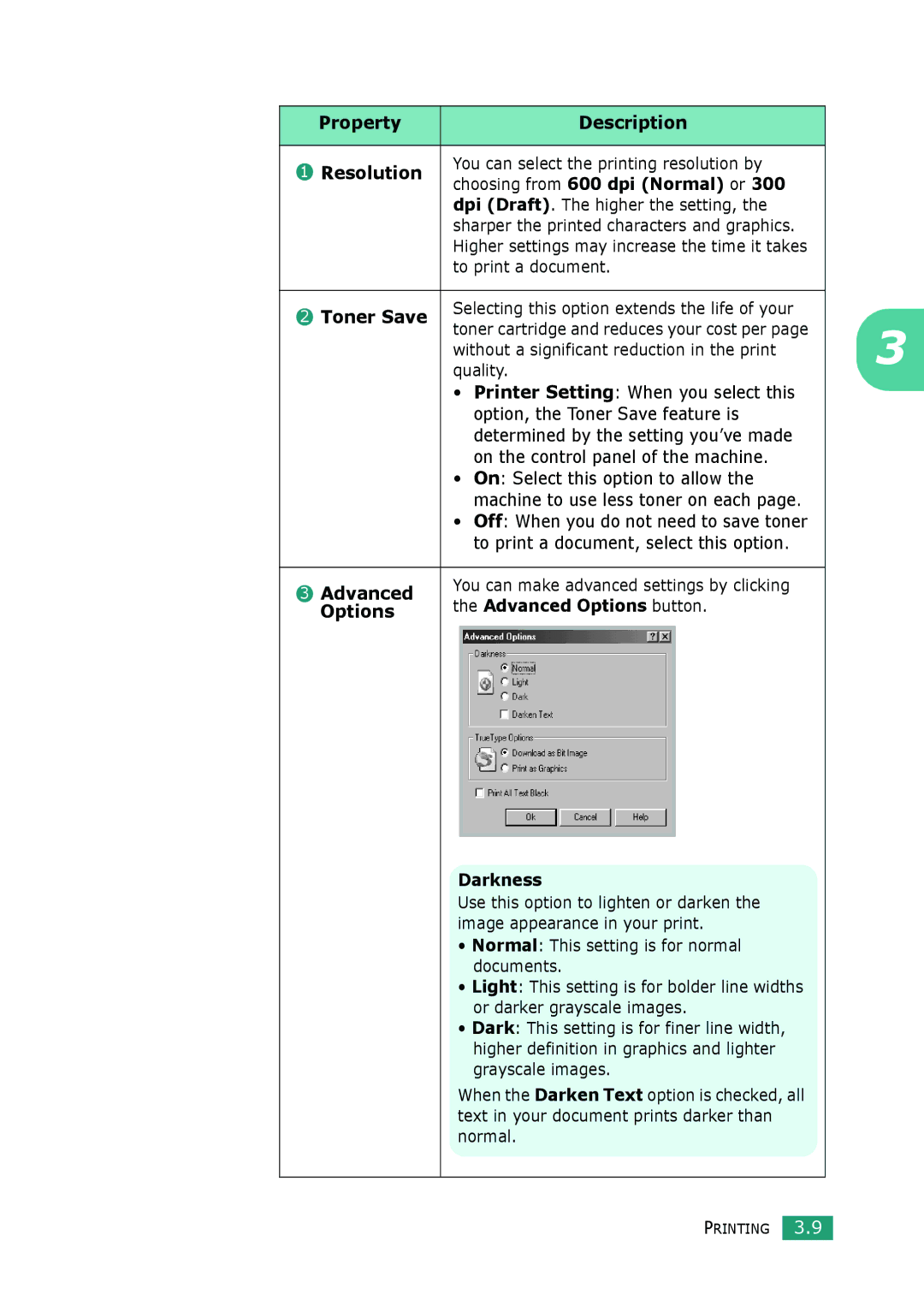 Samsung SCX-4100 manual To print a document, Toner Save, Quality, Advanced Options button, Darkness 