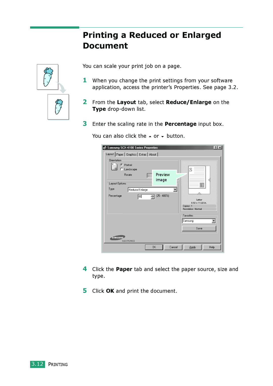 Samsung SCX-4100 manual Printing a Reduced or Enlarged Document, You can scale your print job on a 