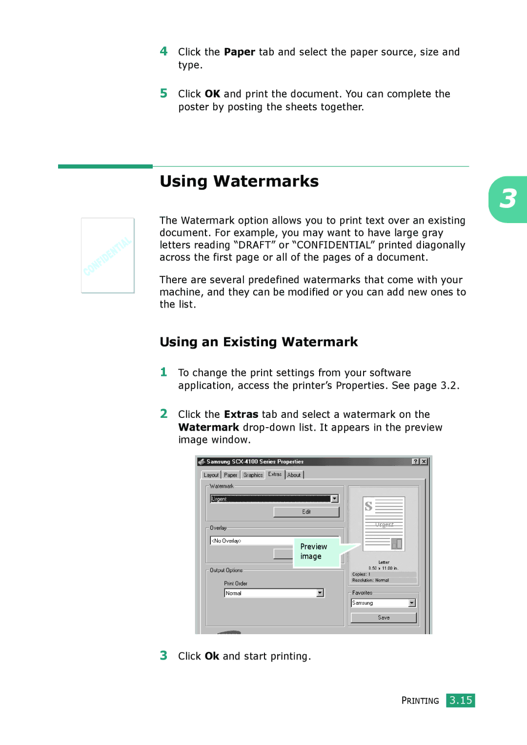 Samsung SCX-4100 manual Using Watermarks, Using an Existing Watermark, Click Ok and start printing 