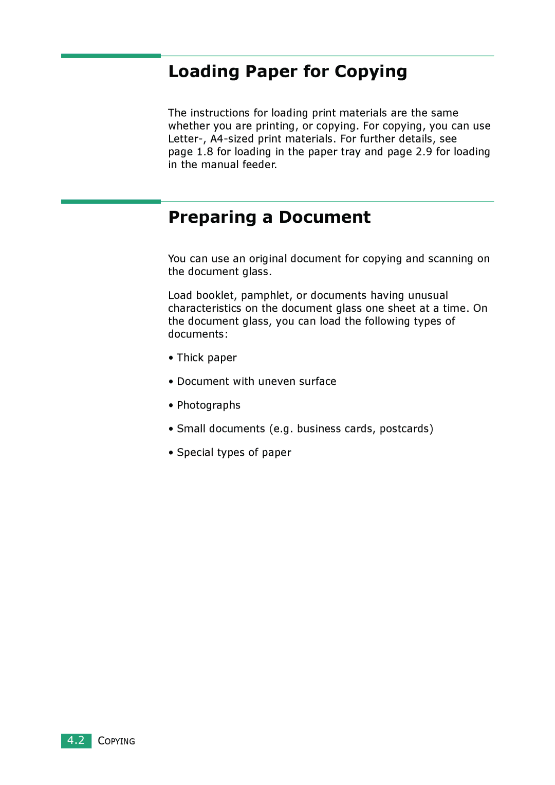 Samsung SCX-4100 manual Loading Paper for Copying, Preparing a Document 