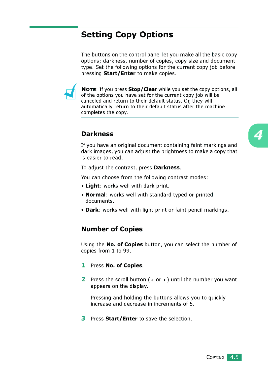 Samsung SCX-4100 manual Setting Copy Options, Darkness, Number of Copies, Press No. of Copies 