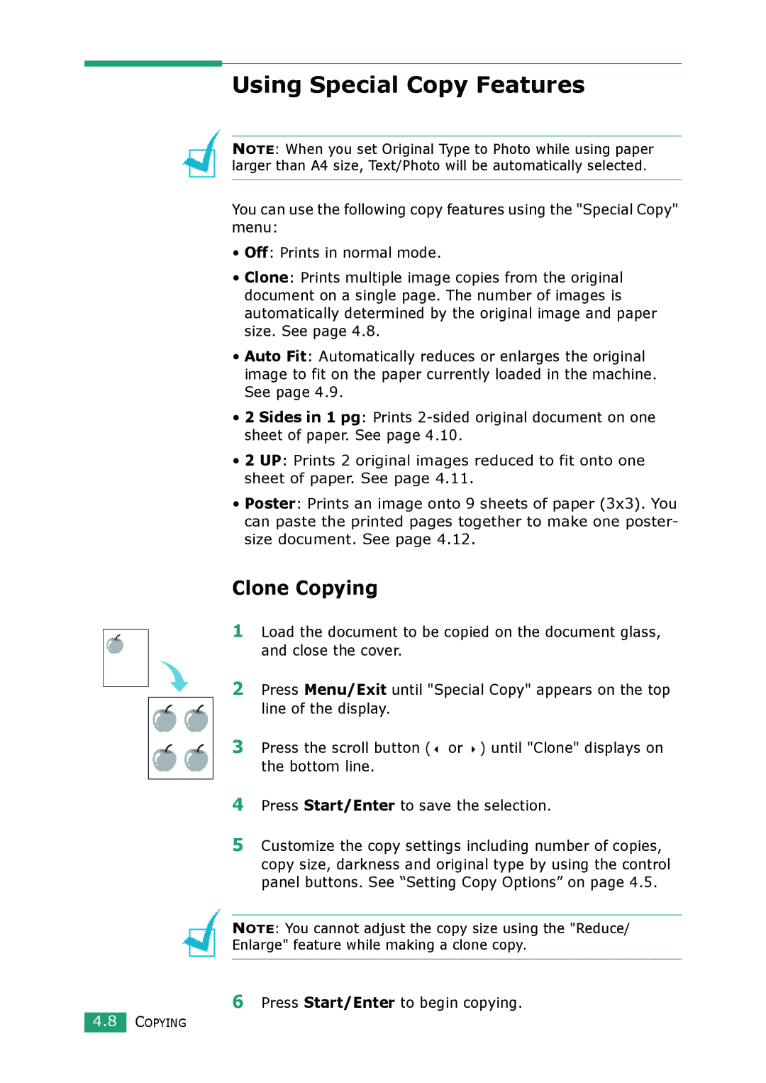 Samsung SCX-4100 manual Using Special Copy Features, Clone Copying 