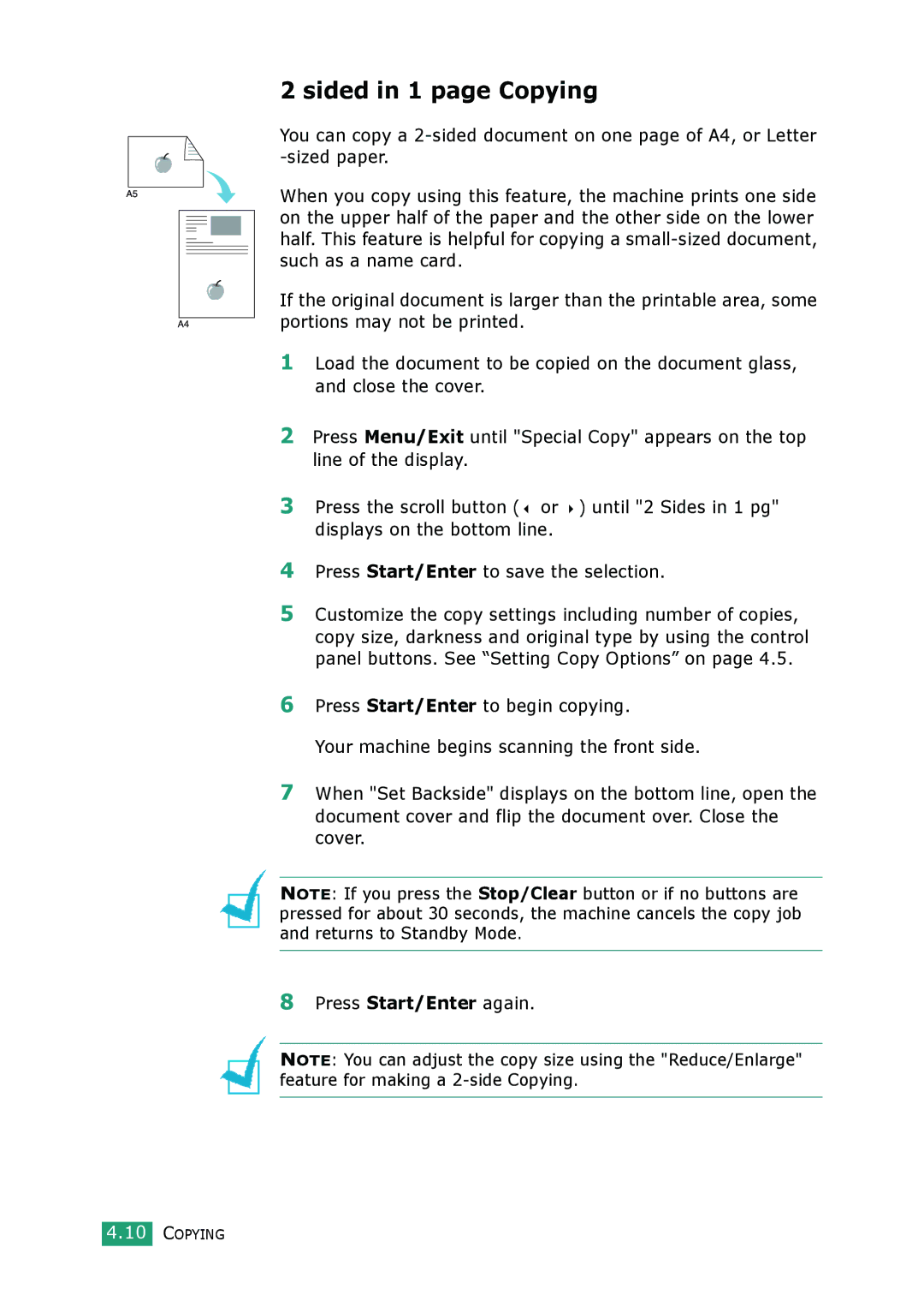 Samsung SCX-4100 manual Sided in 1 page Copying 