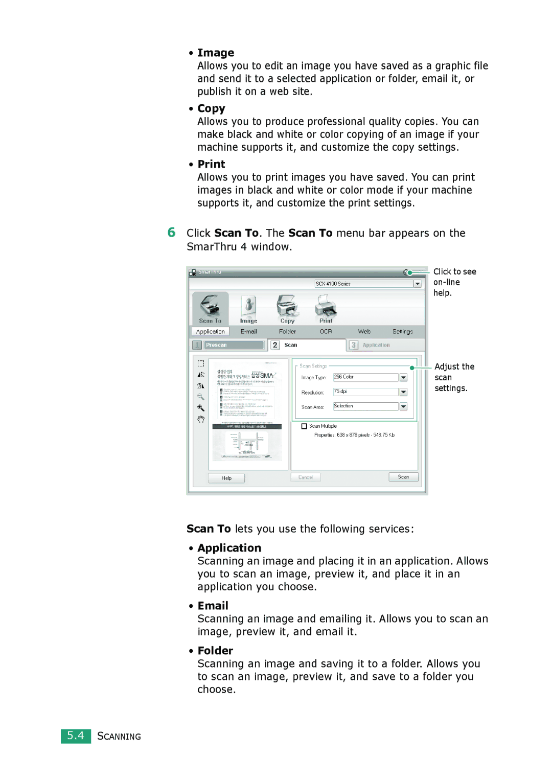 Samsung SCX-4100 manual Image, Copy, Print, Application, Folder 