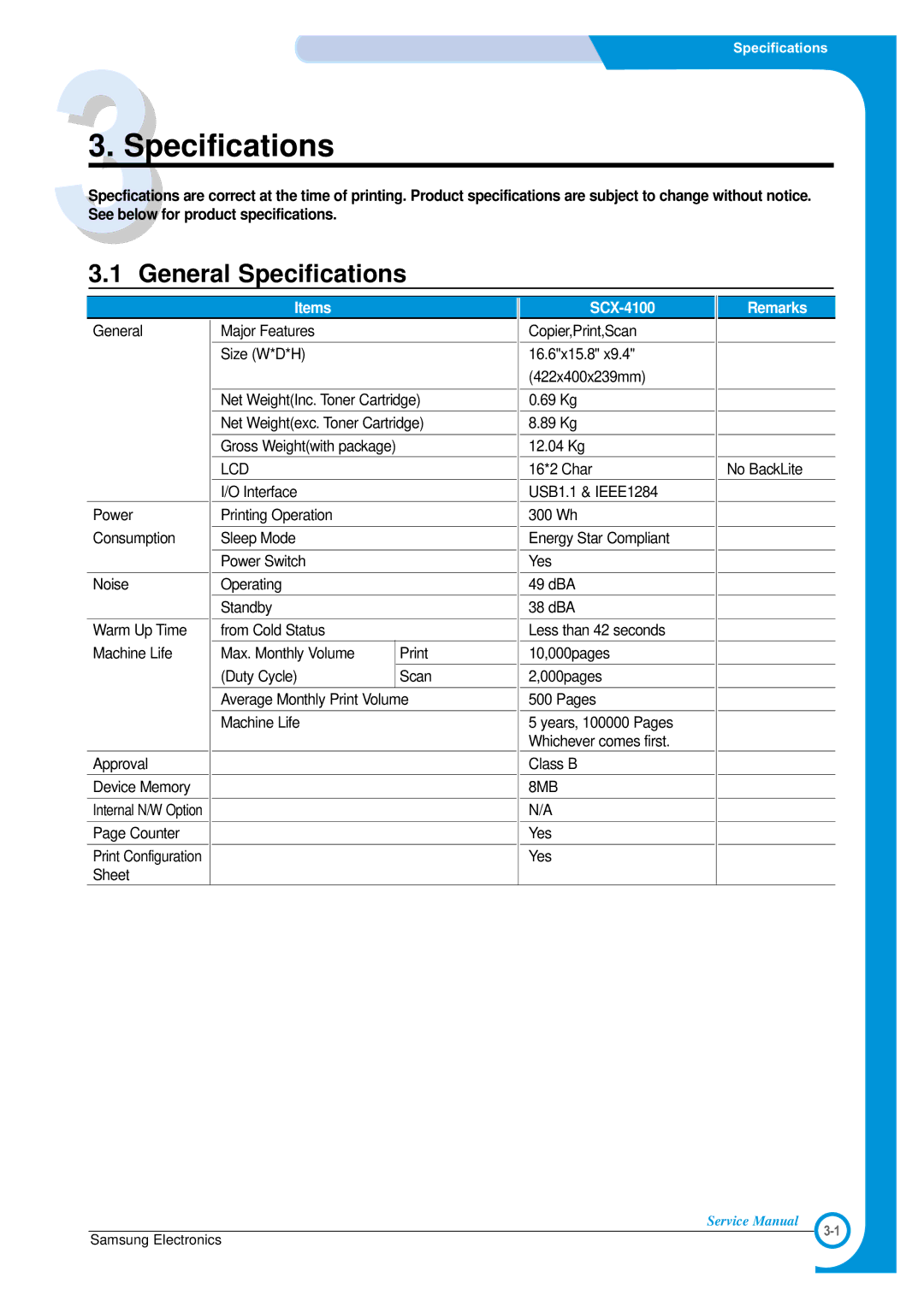 Samsung SCX-4100 specifications General Specifications 